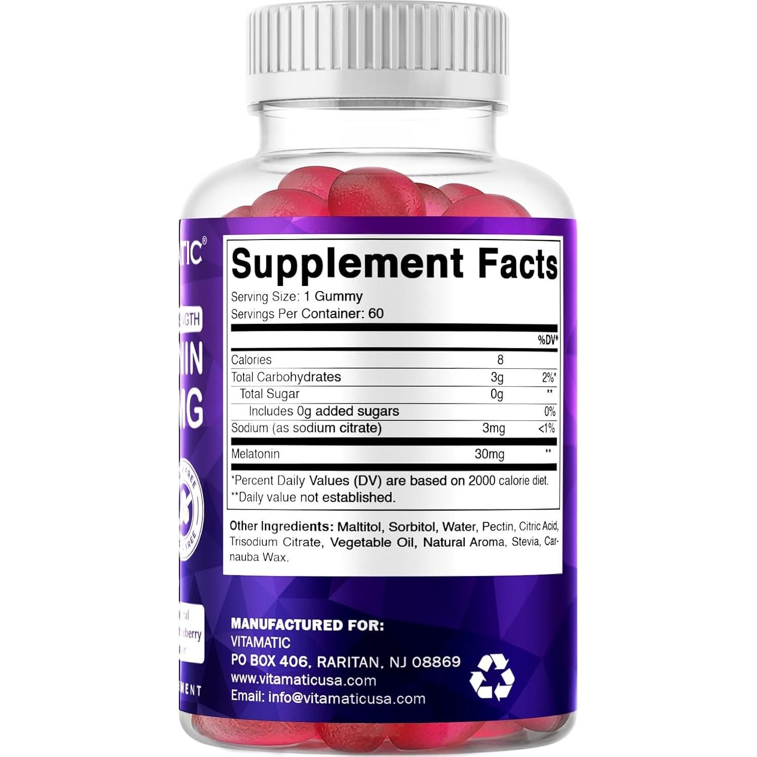 Gummies de Melatonina Vitamatic 30mg Sin Azúcar 60 Unidades