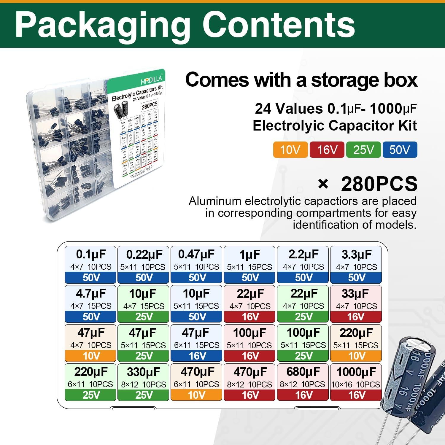 Kit de 280 Capacitores Electrolíticos Aluminio 0.1-1000uF 25V