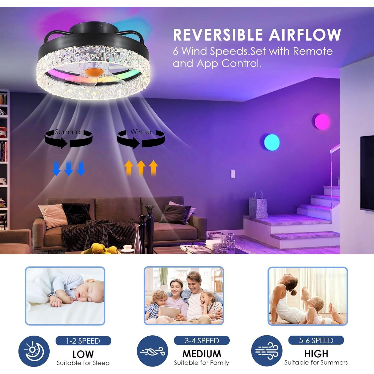 Ventilador de Techo BYKISTOK 33cm RGB con Luz LED y Control Remoto