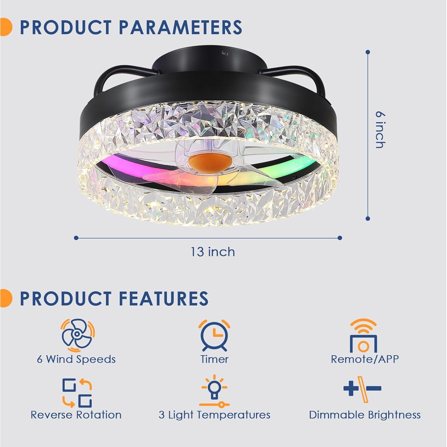 Ventilador de Techo BYKISTOK 33cm RGB con Luz LED y Control Remoto