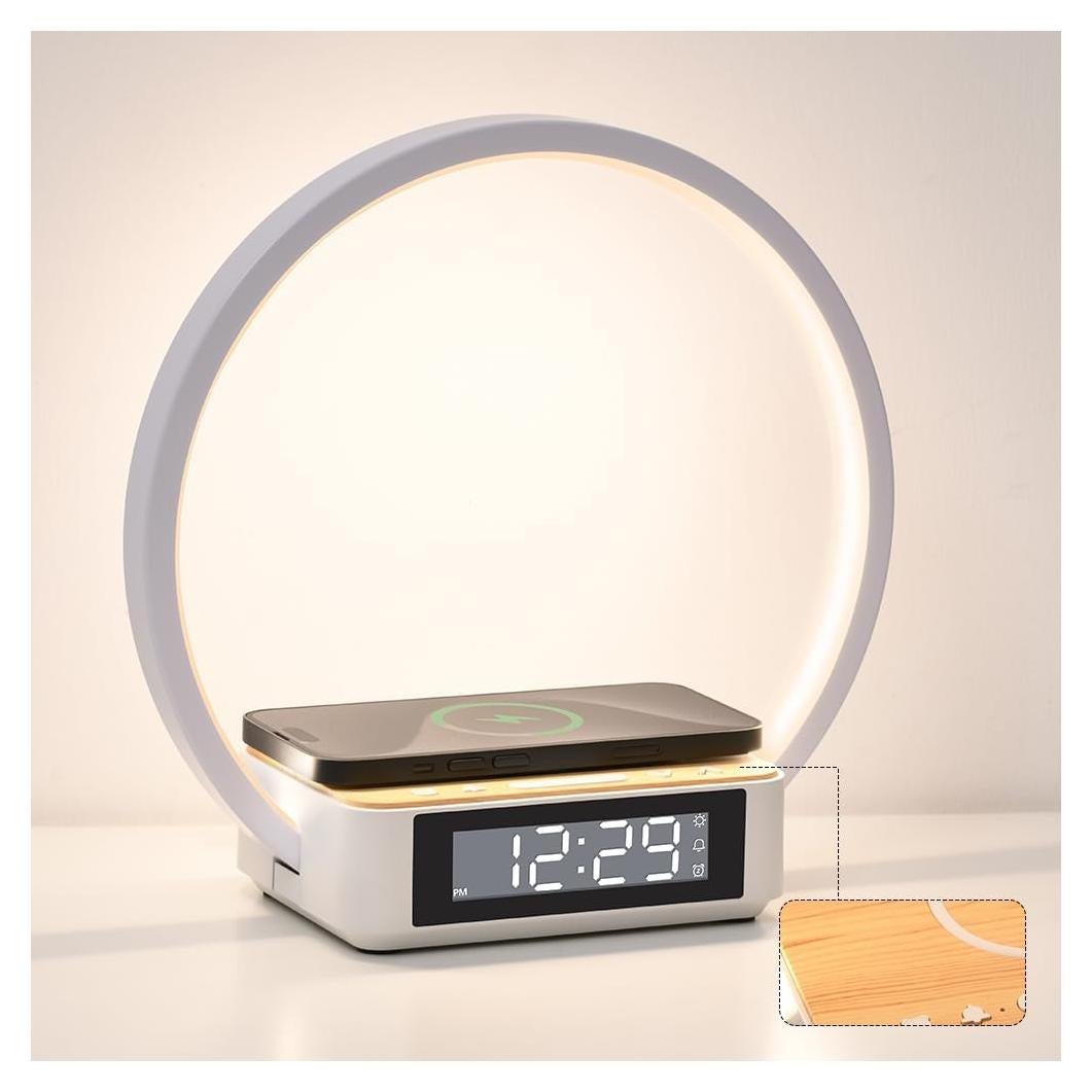 Lámpara de Mesa Táctil WILIT con Reloj Despertador y Cargador Inalámbrico, Luz Nocturna Regulable