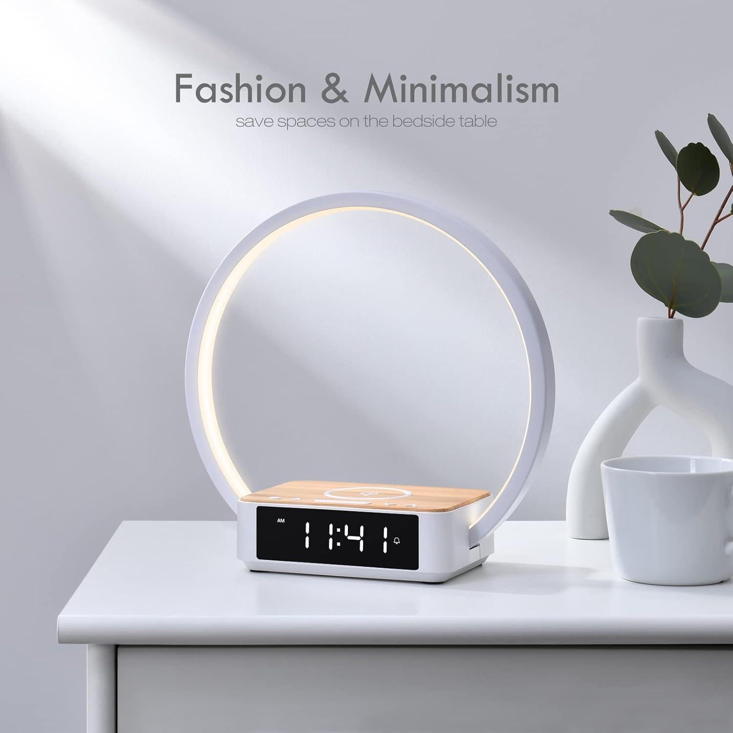 Lámpara de Mesa Táctil WILIT con Reloj Despertador y Cargador Inalámbrico, Luz Nocturna Regulable