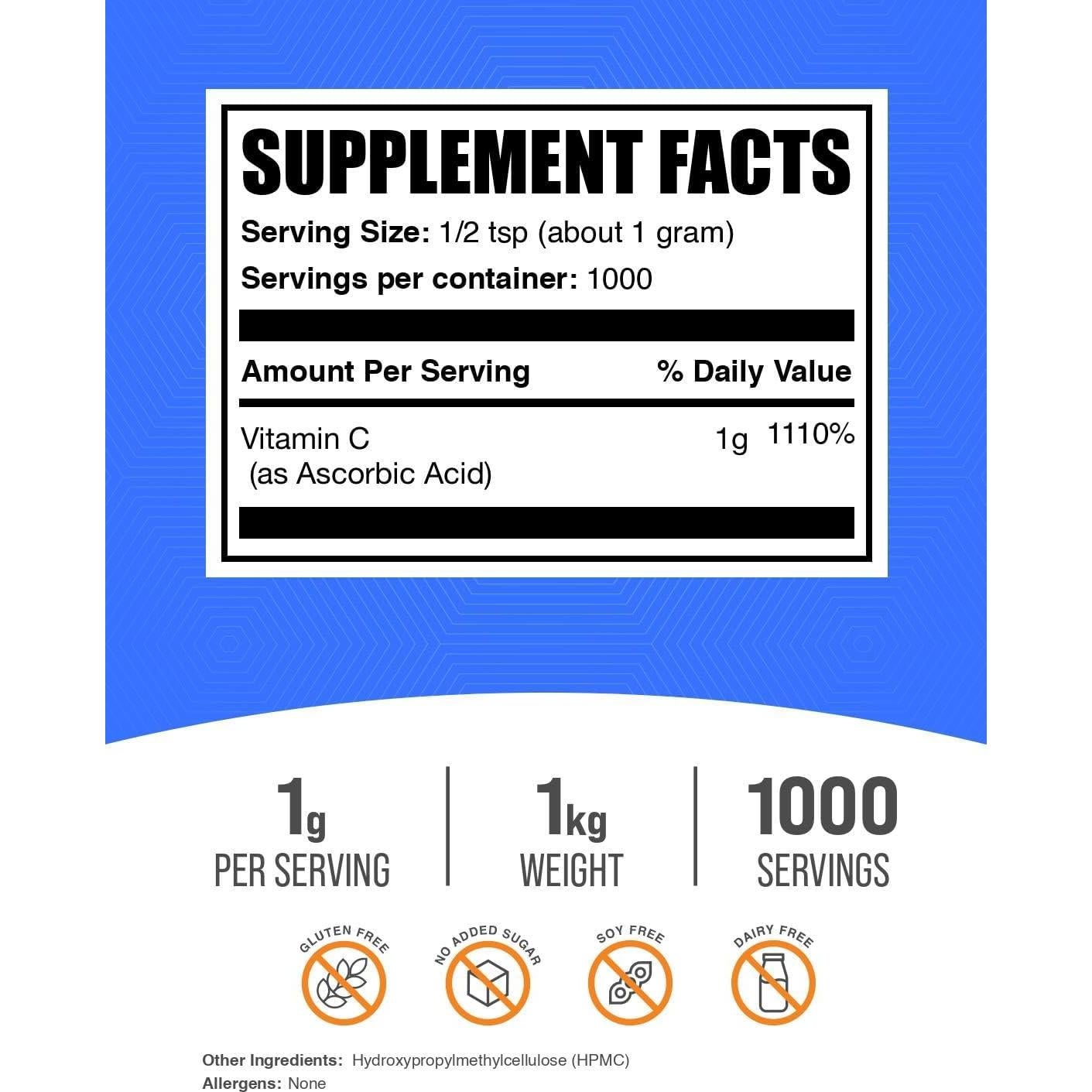 Polvo de Ácido Ascórbico BulkSupplements 1kg - Vitamina C Grado Alimenticio