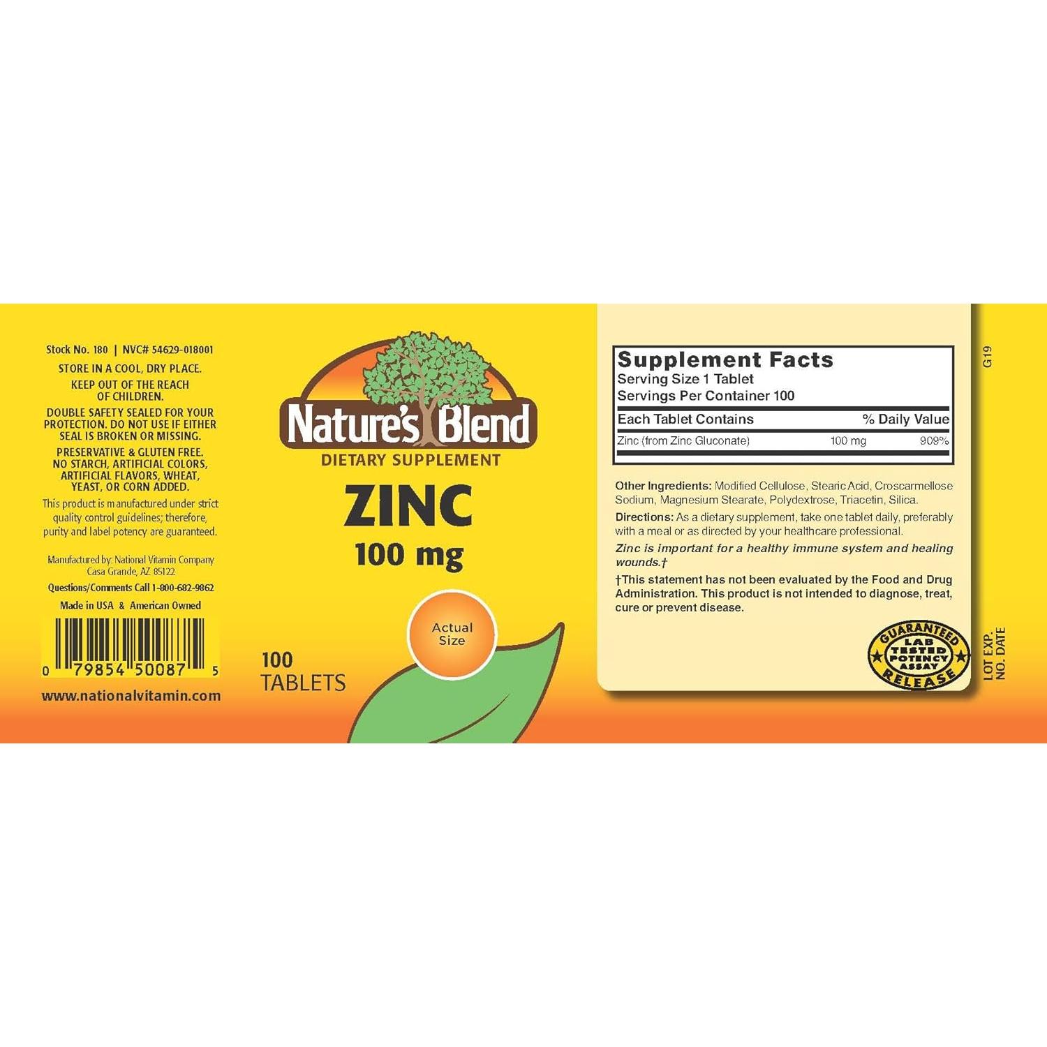 Suplemento Mineral Zinc Gluconato 100 mg Naturaleza 100 Tabletas