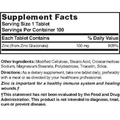 Suplemento Mineral Zinc Gluconato 100 mg Naturaleza 100 Tabletas