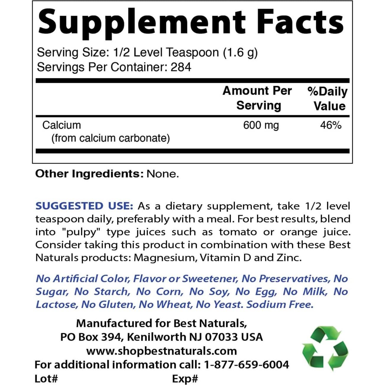Polvo de Carbonato de Calcio Grado Alimenticio Mejor Naturales 454 g