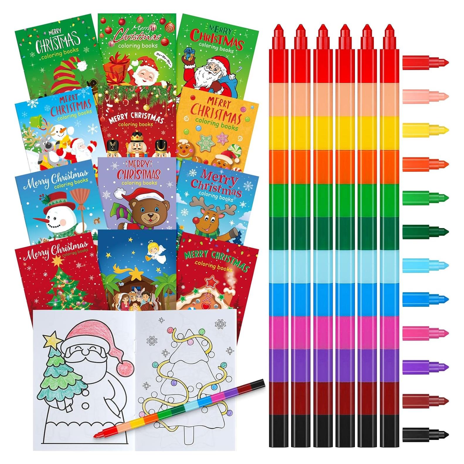 Jectivs 24 Pcs Christmas Coloring Books with 24 Pcs Crayons Bulk for Party Favor,Xmas Mini Booklets with Stackable Crayons for Christmas Holiday Classroom Reward Goodie Bag Stuffer Supplies