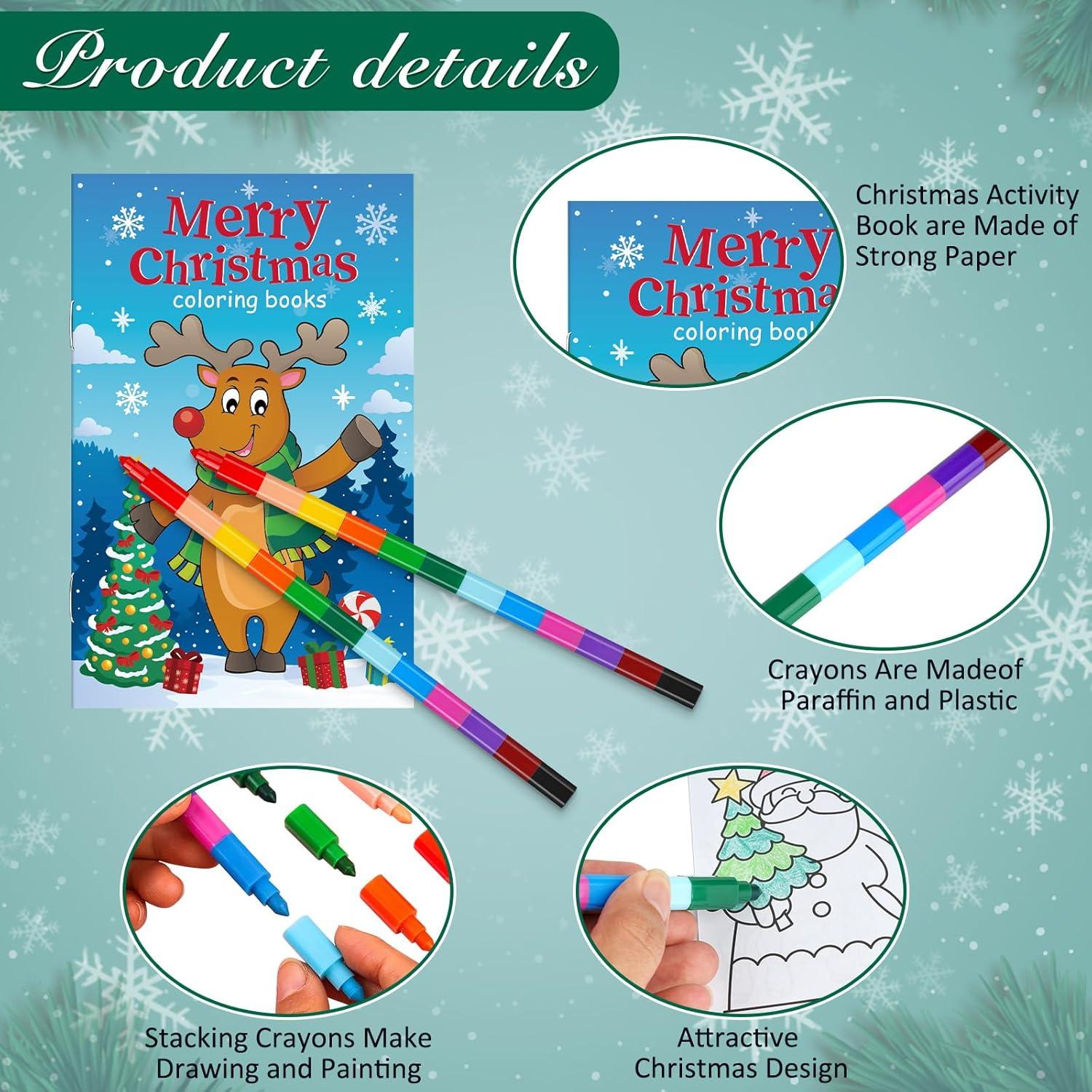 Jectivs 24 Pcs Christmas Coloring Books with 24 Pcs Crayons Bulk for Party Favor,Xmas Mini Booklets with Stackable Crayons for Christmas Holiday Classroom Reward Goodie Bag Stuffer Supplies