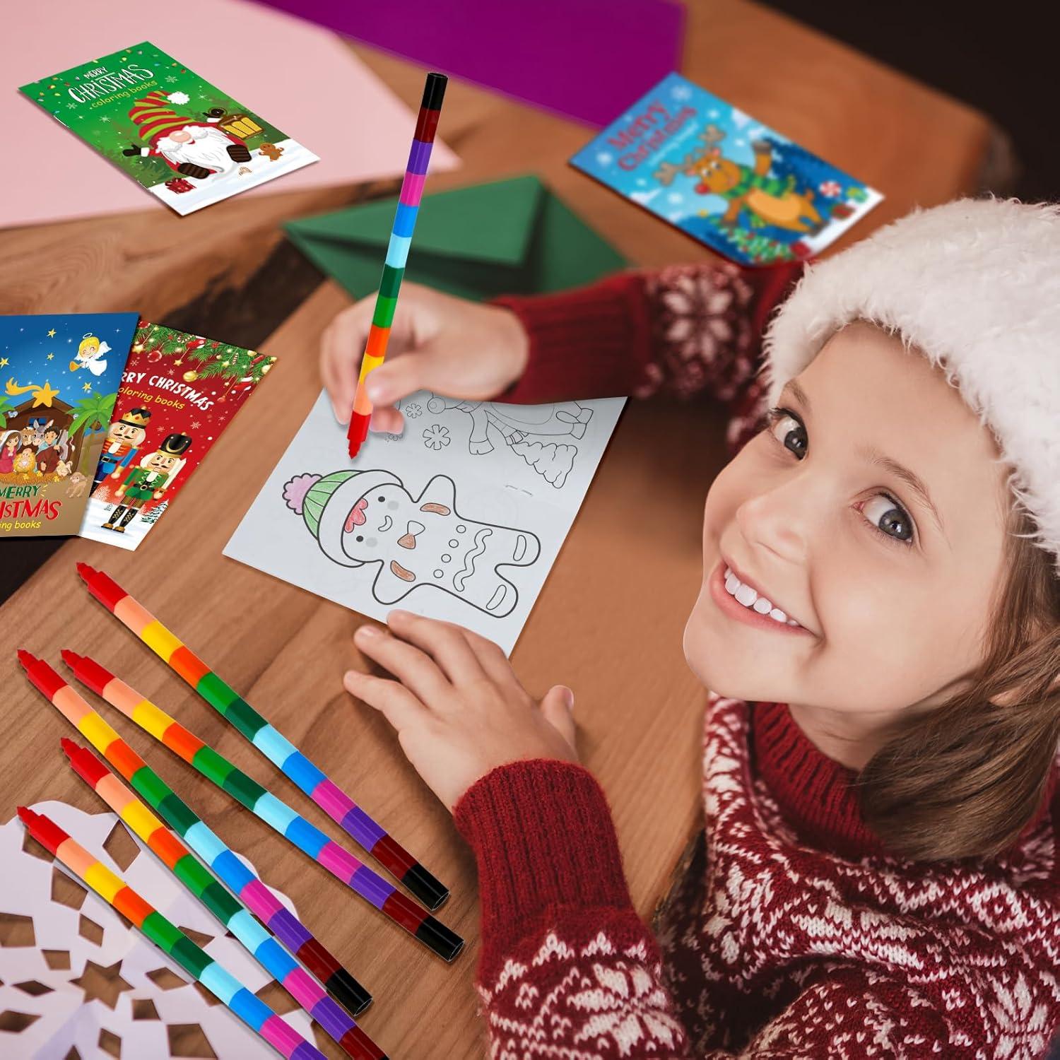 Jectivs 24 Pcs Christmas Coloring Books with 24 Pcs Crayons Bulk for Party Favor,Xmas Mini Booklets with Stackable Crayons for Christmas Holiday Classroom Reward Goodie Bag Stuffer Supplies