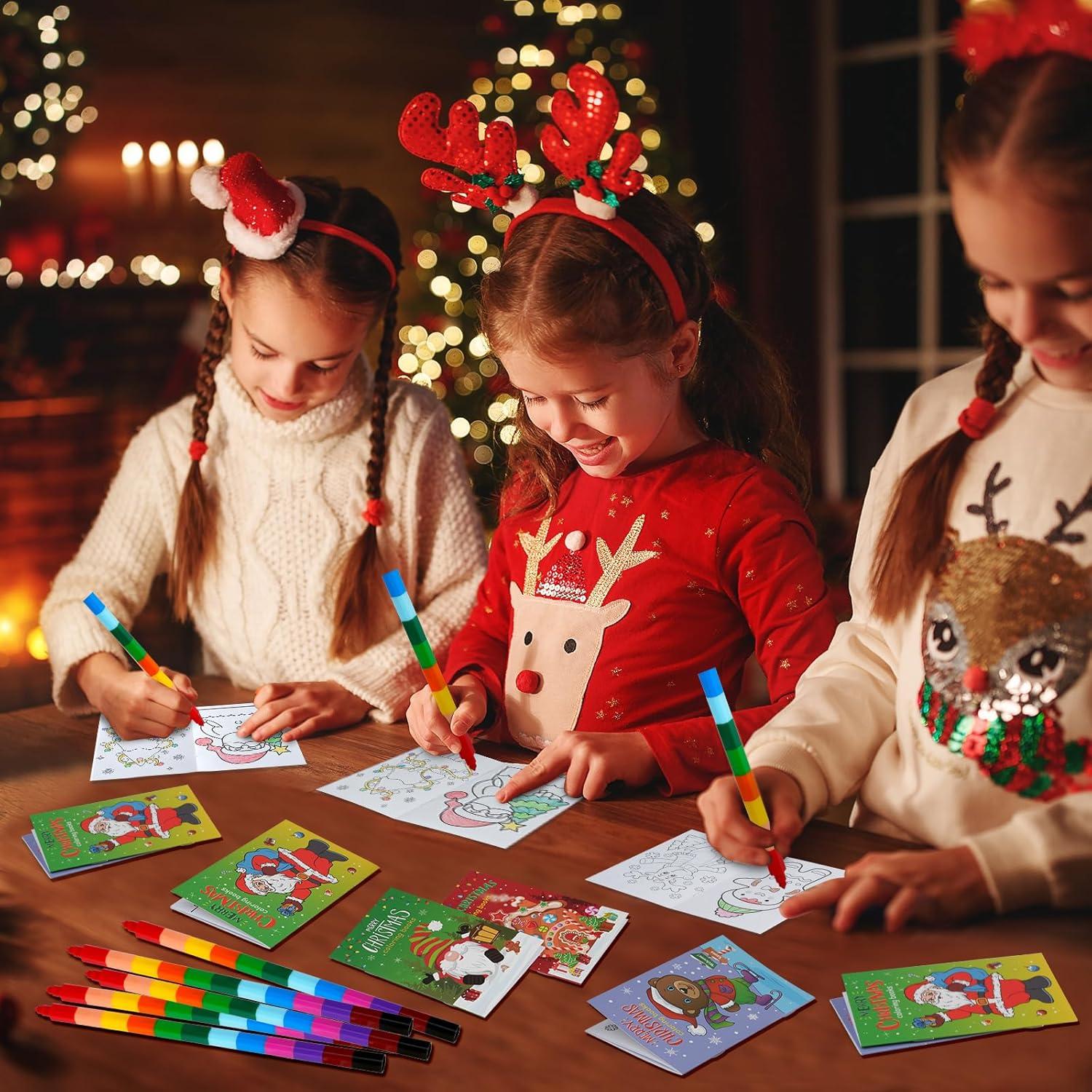 Jectivs 24 Pcs Christmas Coloring Books with 24 Pcs Crayons Bulk for Party Favor,Xmas Mini Booklets with Stackable Crayons for Christmas Holiday Classroom Reward Goodie Bag Stuffer Supplies