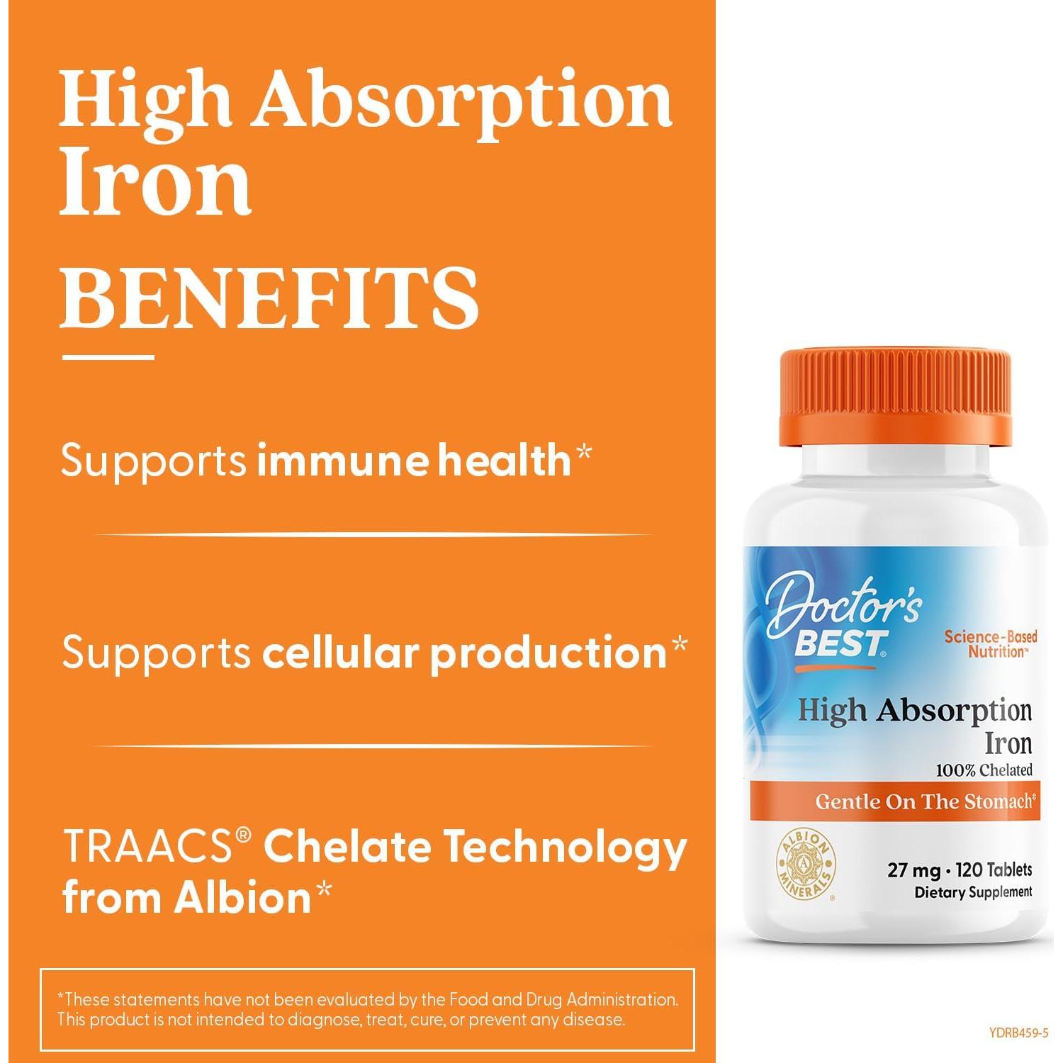 Tableta de Hierro Quelado Doctor's Best 27 mg - Suave Digestión