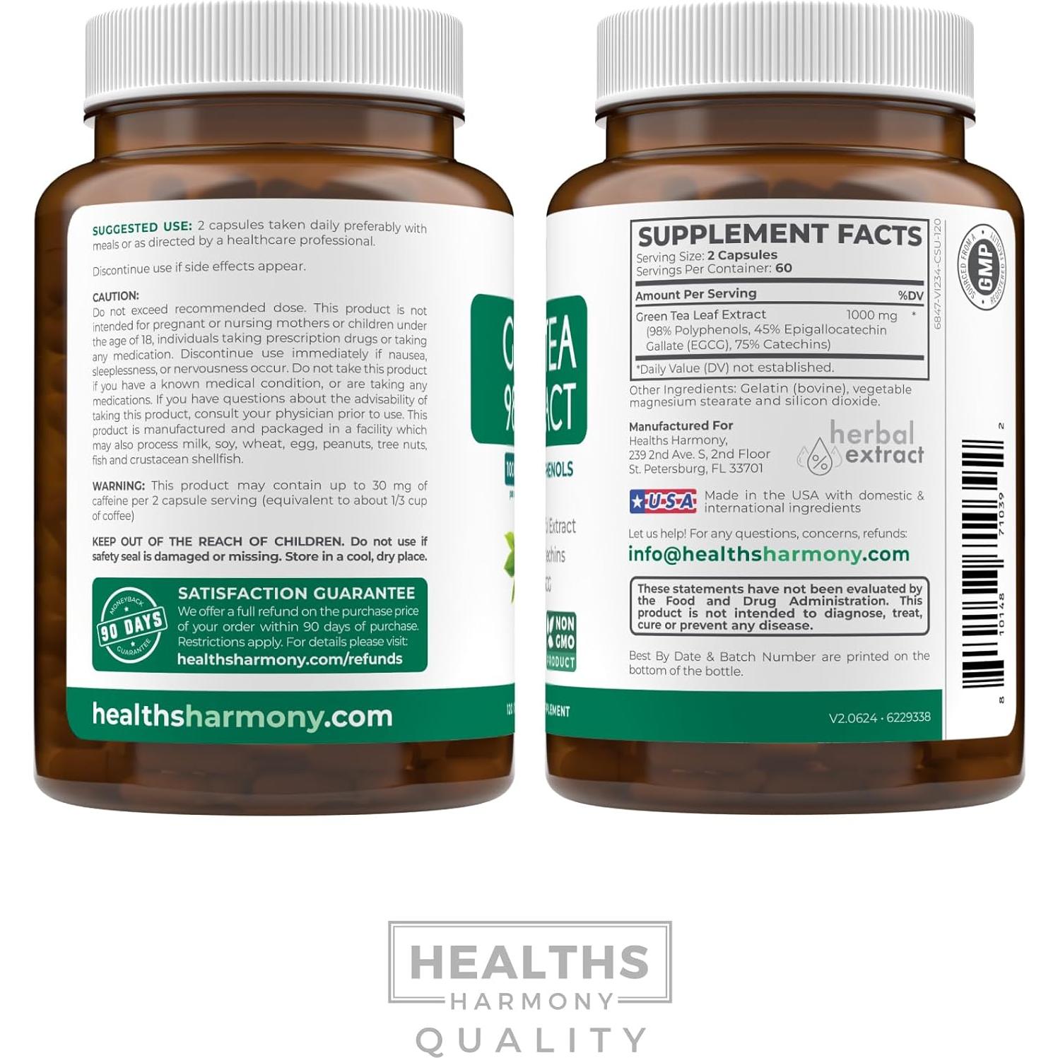 Cápsulas de Extracto de Té Verde Healths Harmony 500mg - Antioxidantes