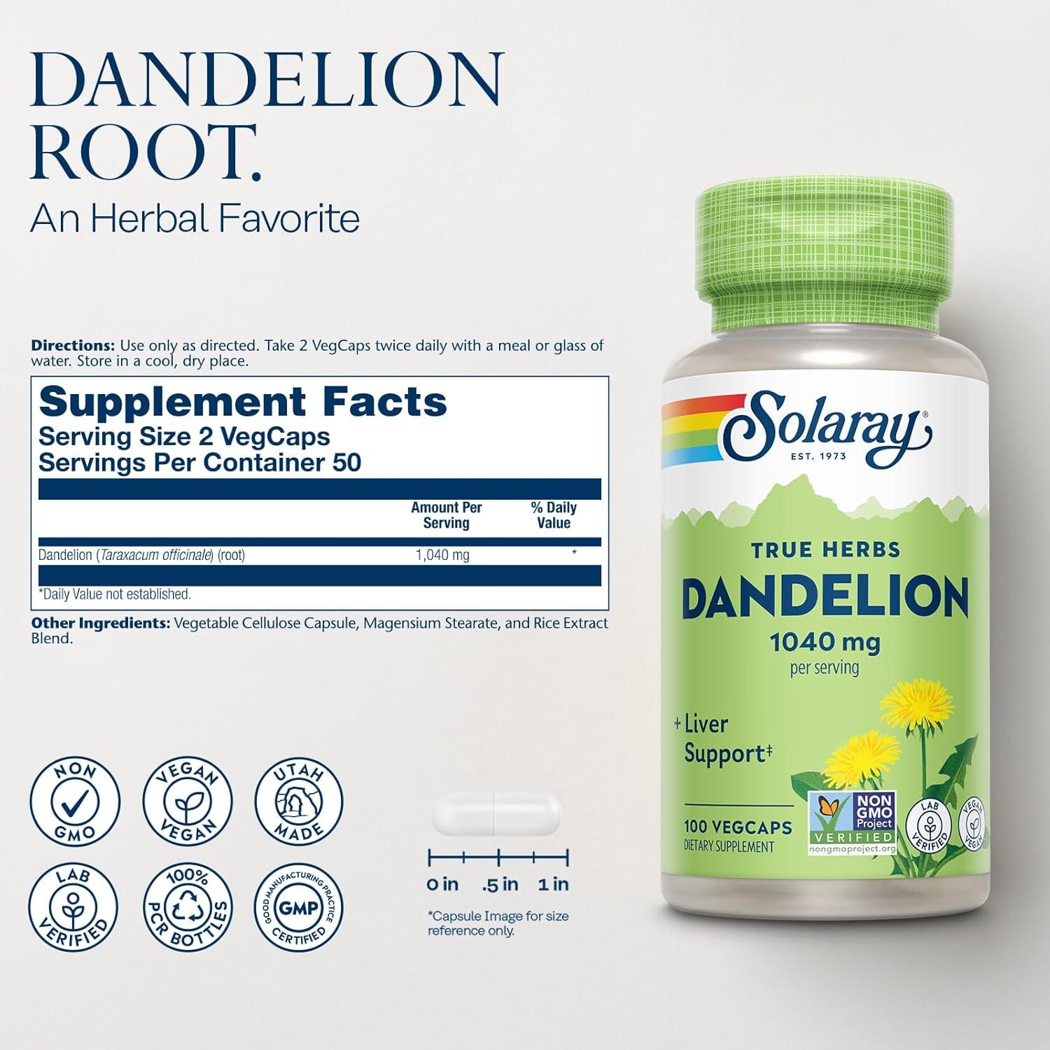 Suplemento Raíz de Diente de León Solaray 1040 mg - 100 VegCaps