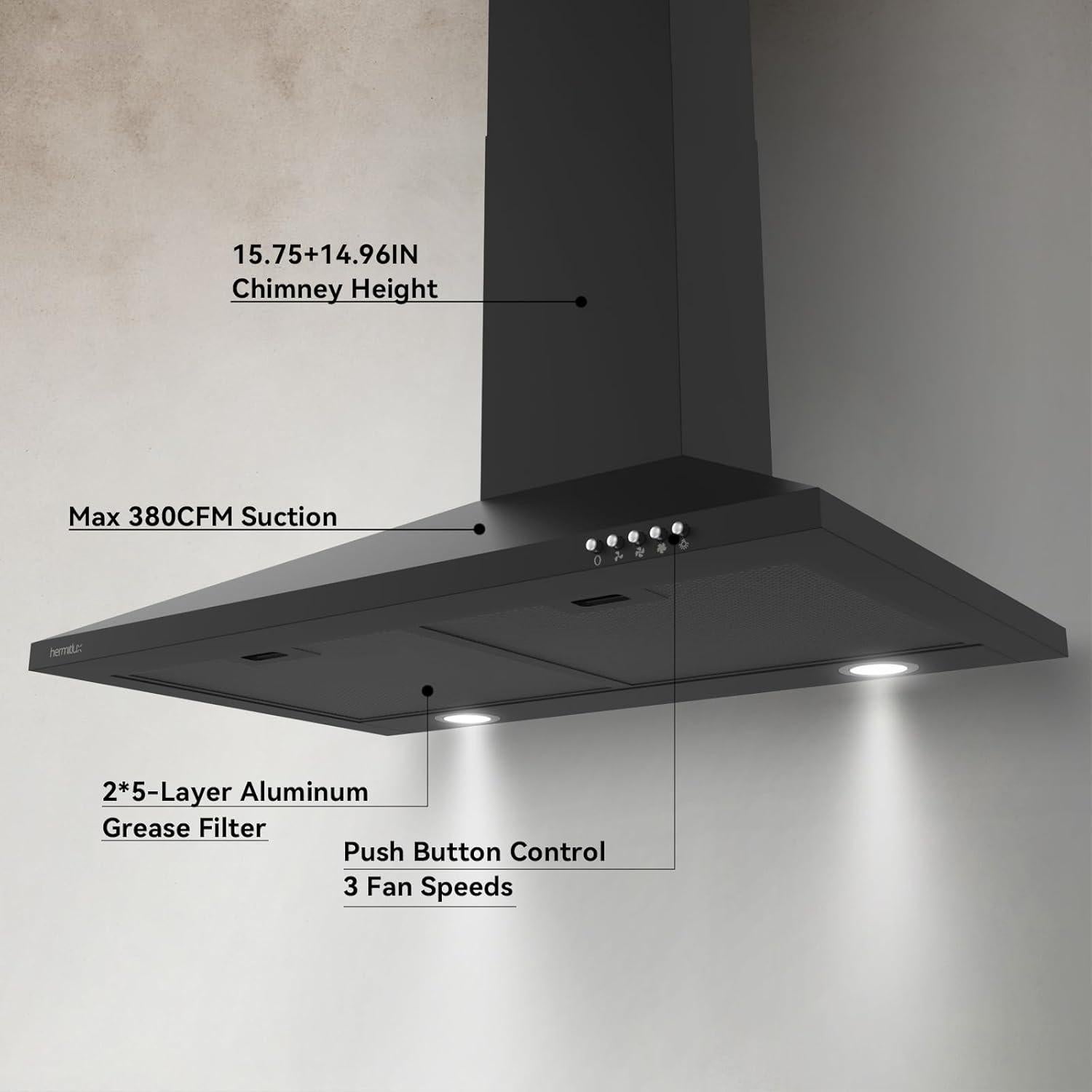 Campana Extractora Hermitlux 76 cm Negra Ductada/Ductless