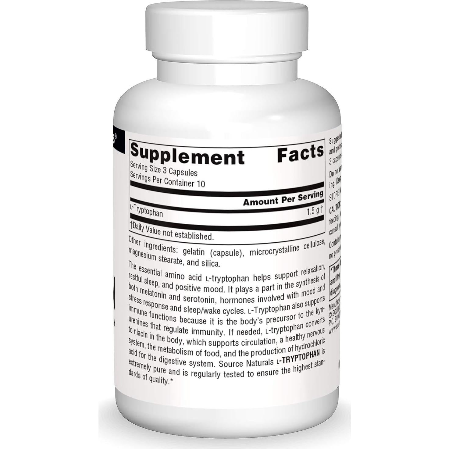 L-Triptófano Source Naturals 500mg - 30 Cápsulas para Sueño