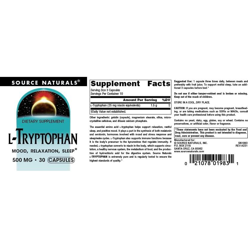 L-Triptófano Source Naturals 500mg - 30 Cápsulas para Sueño