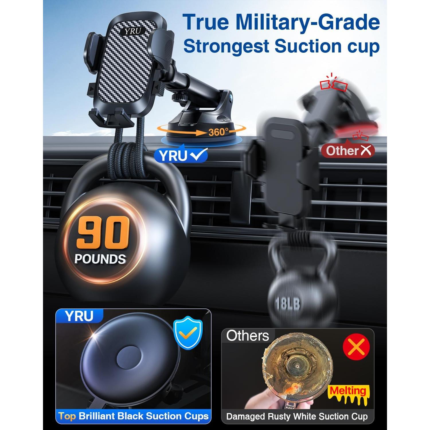 Soporte de Teléfono para Auto YRU 2025 Negro 90LBS Grado Militar