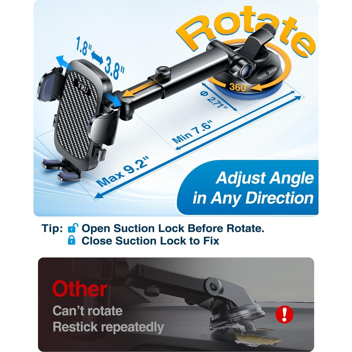 Soporte de Teléfono para Auto YRU 2025 Negro 90LBS Grado Militar