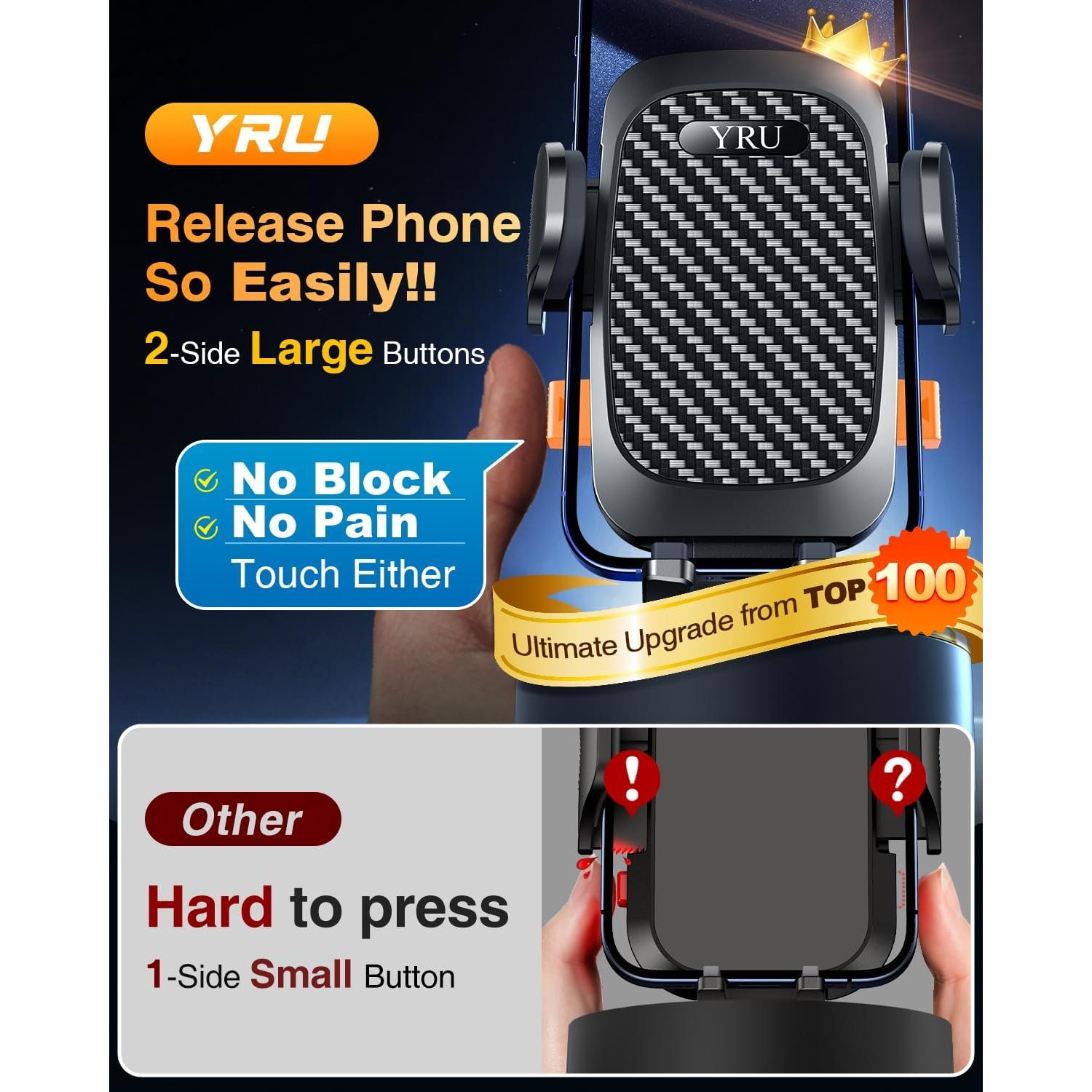 Soporte de Teléfono para Auto YRU 2025 Negro 90LBS Grado Militar