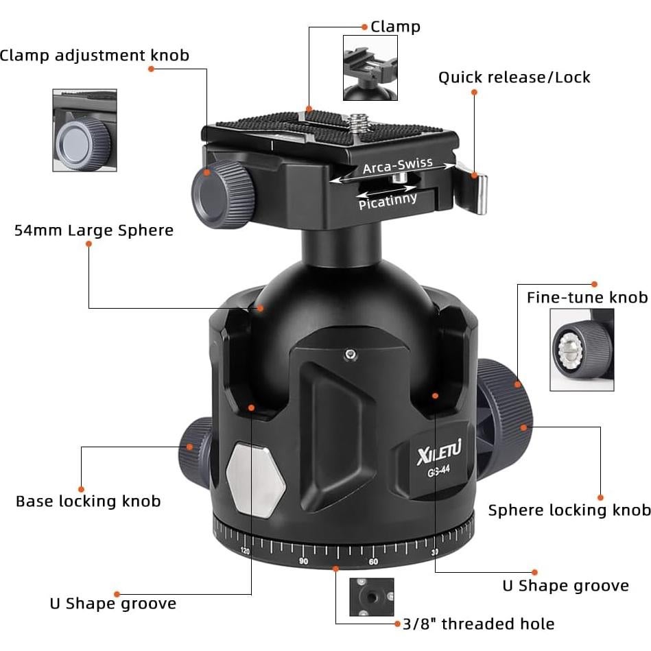 Cabezal de bola de aluminio XILETU 44mm para trípode DSLR 35kg