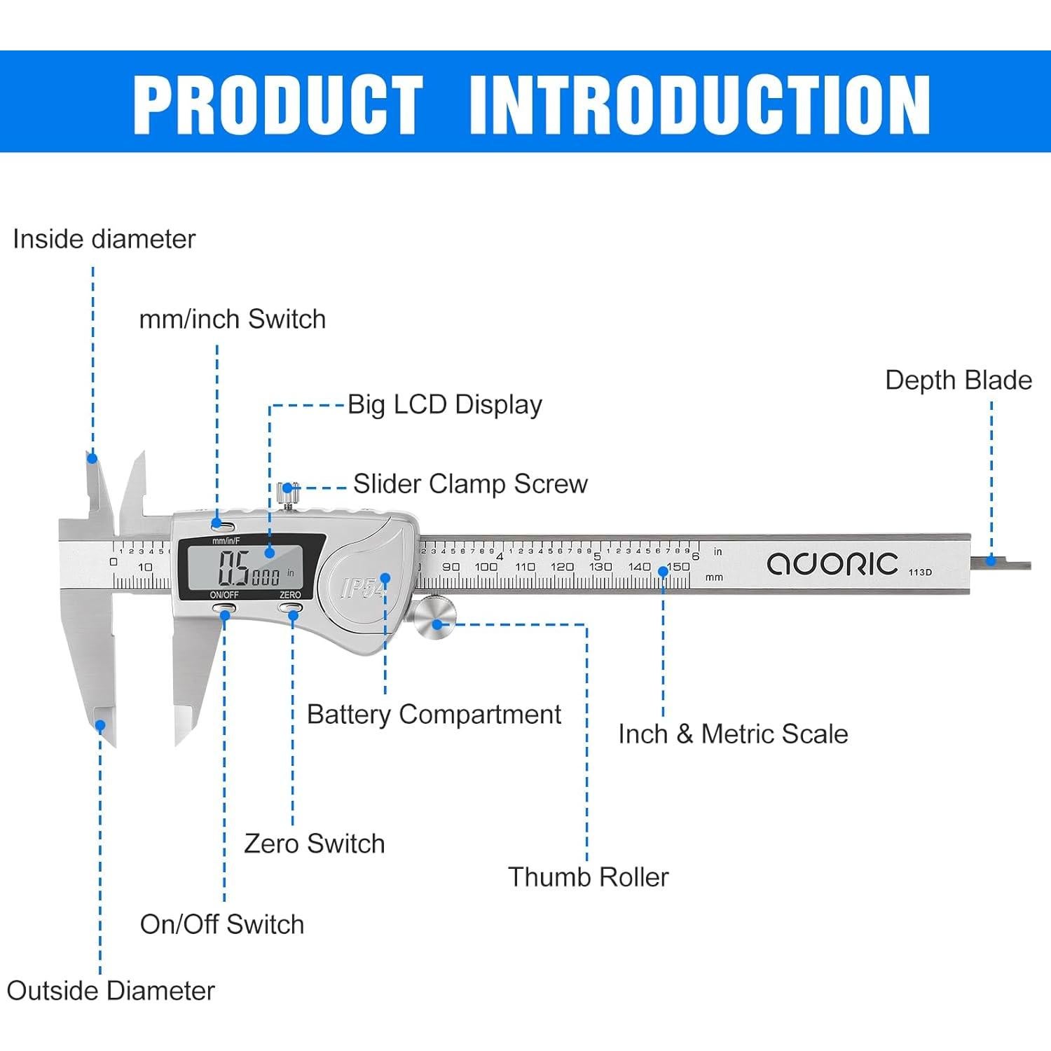 Calibrador Digital Adoric 150 mm Acero Inoxidable LCD
