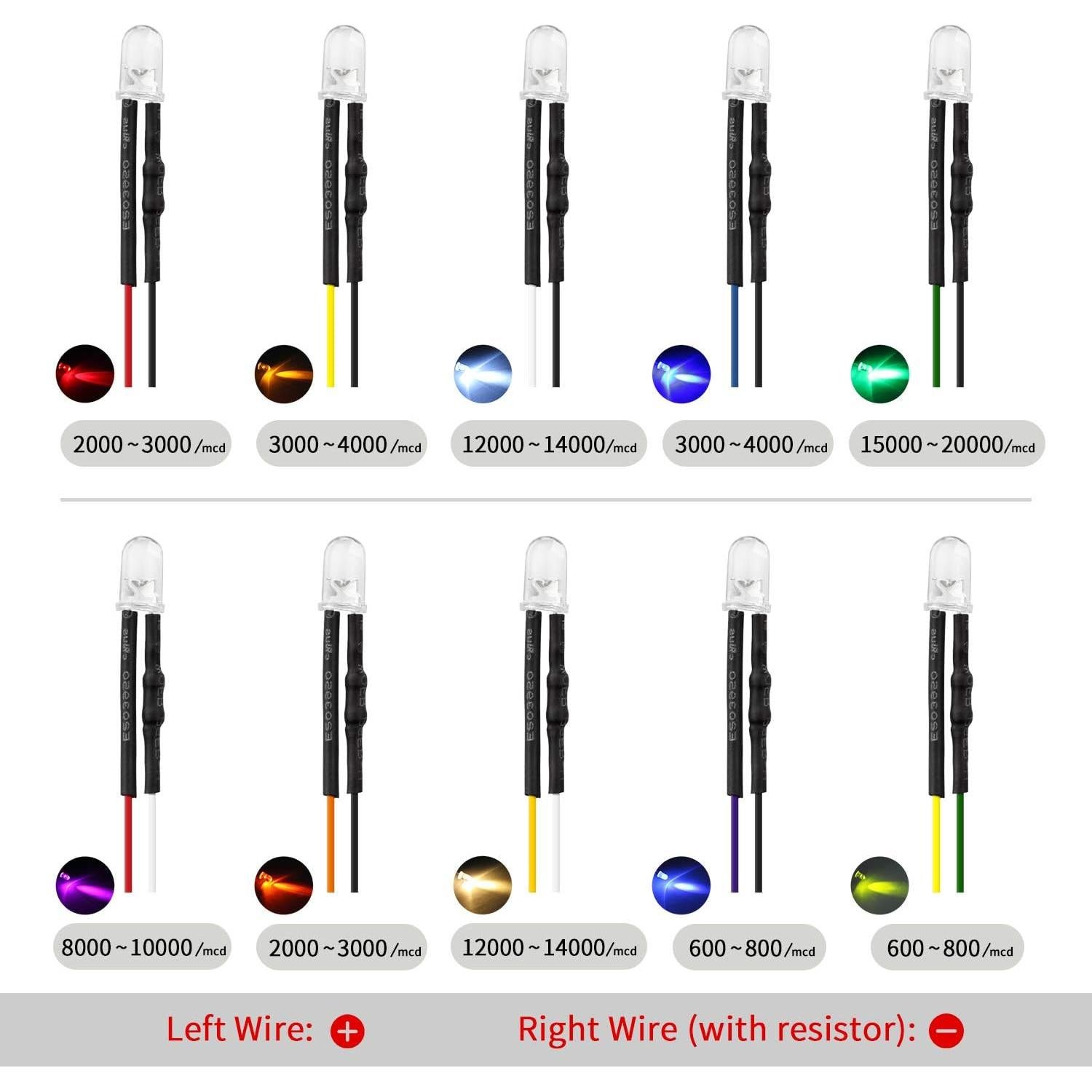 DiCUNO 100 Diodos LED Pre Cableados 12V 5MM 10 Colores 24cm