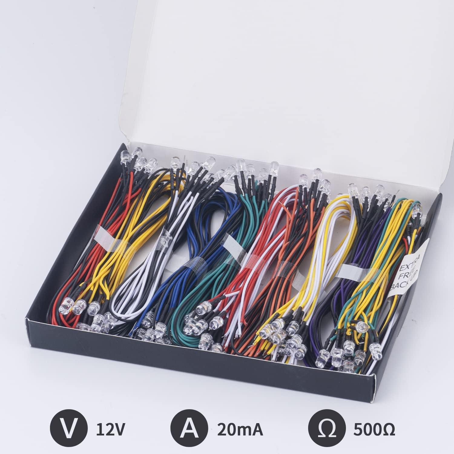 DiCUNO 100 Diodos LED Pre Cableados 12V 5MM 10 Colores 24cm