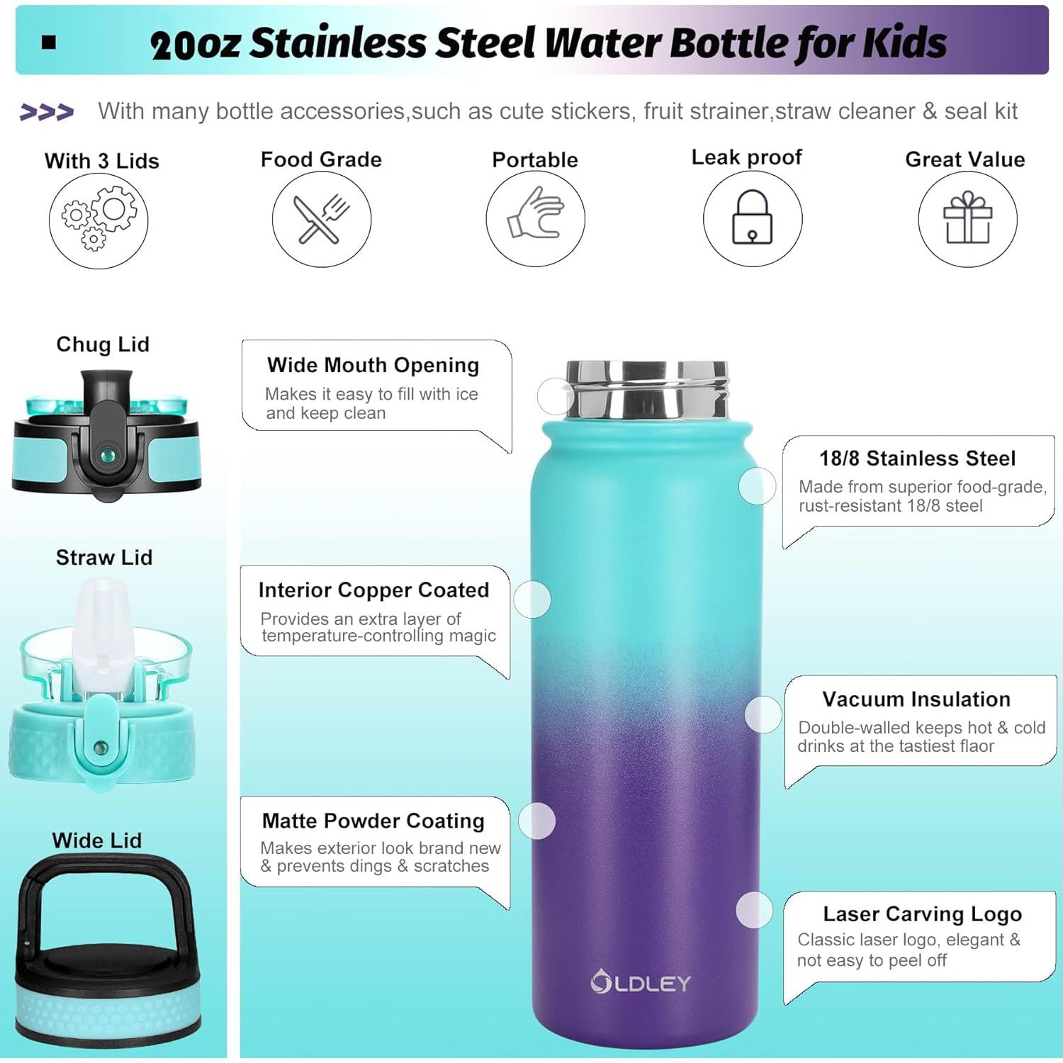 Botella de Agua Aislada OLDLEY 591ml con Pajilla y 3 Tapas