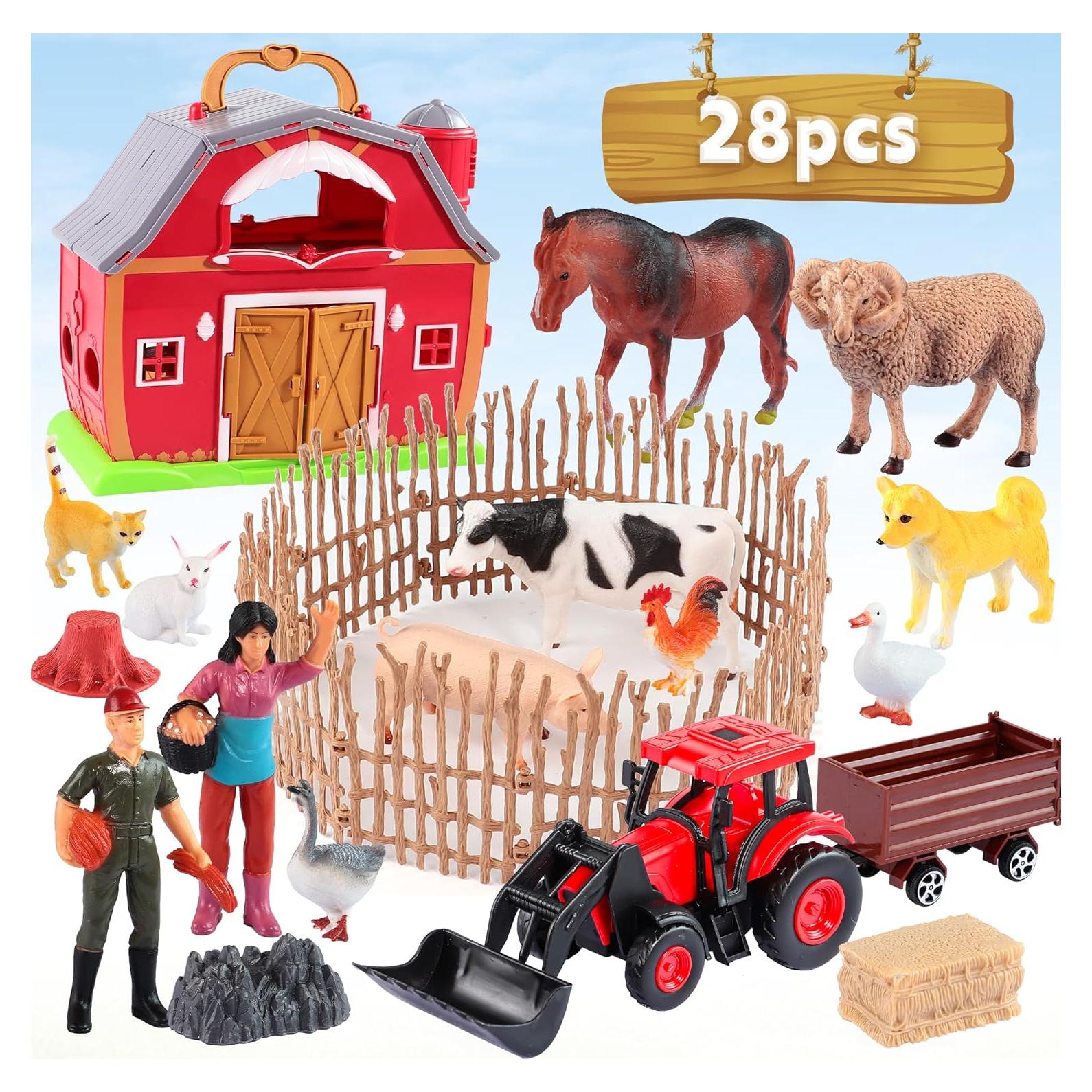 Red Barn Farm Animals Toys, 28PCS Animals Figures and Farm Tractor Playset, Educational Learning Toys for Toddlers and Kids 3 4 5 Year Old Boys and Girls Birthday Festival Gift