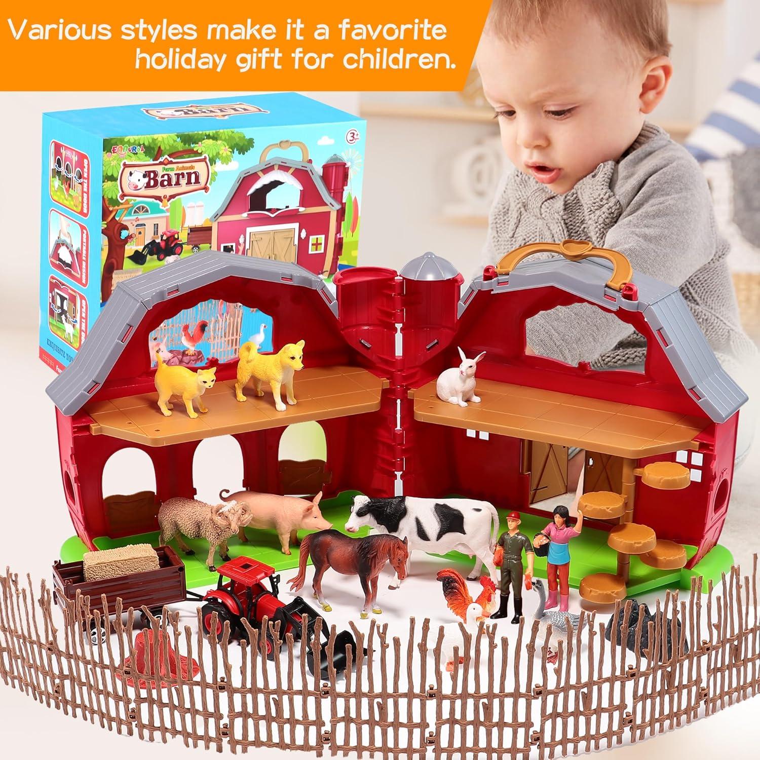 Red Barn Farm Animals Toys, 28PCS Animals Figures and Farm Tractor Playset, Educational Learning Toys for Toddlers and Kids 3 4 5 Year Old Boys and Girls Birthday Festival Gift