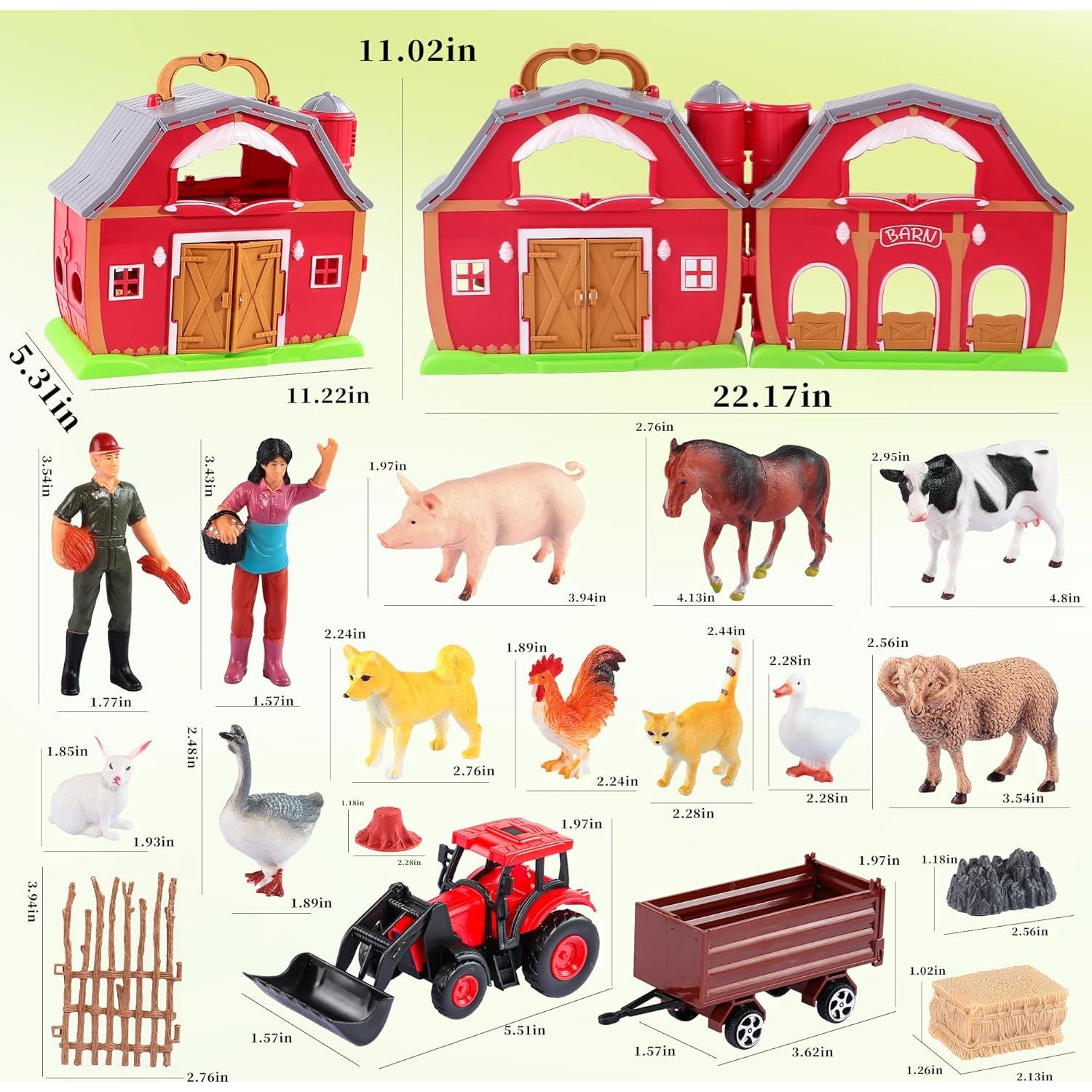 Red Barn Farm Animals Toys, 28PCS Animals Figures and Farm Tractor Playset, Educational Learning Toys for Toddlers and Kids 3 4 5 Year Old Boys and Girls Birthday Festival Gift