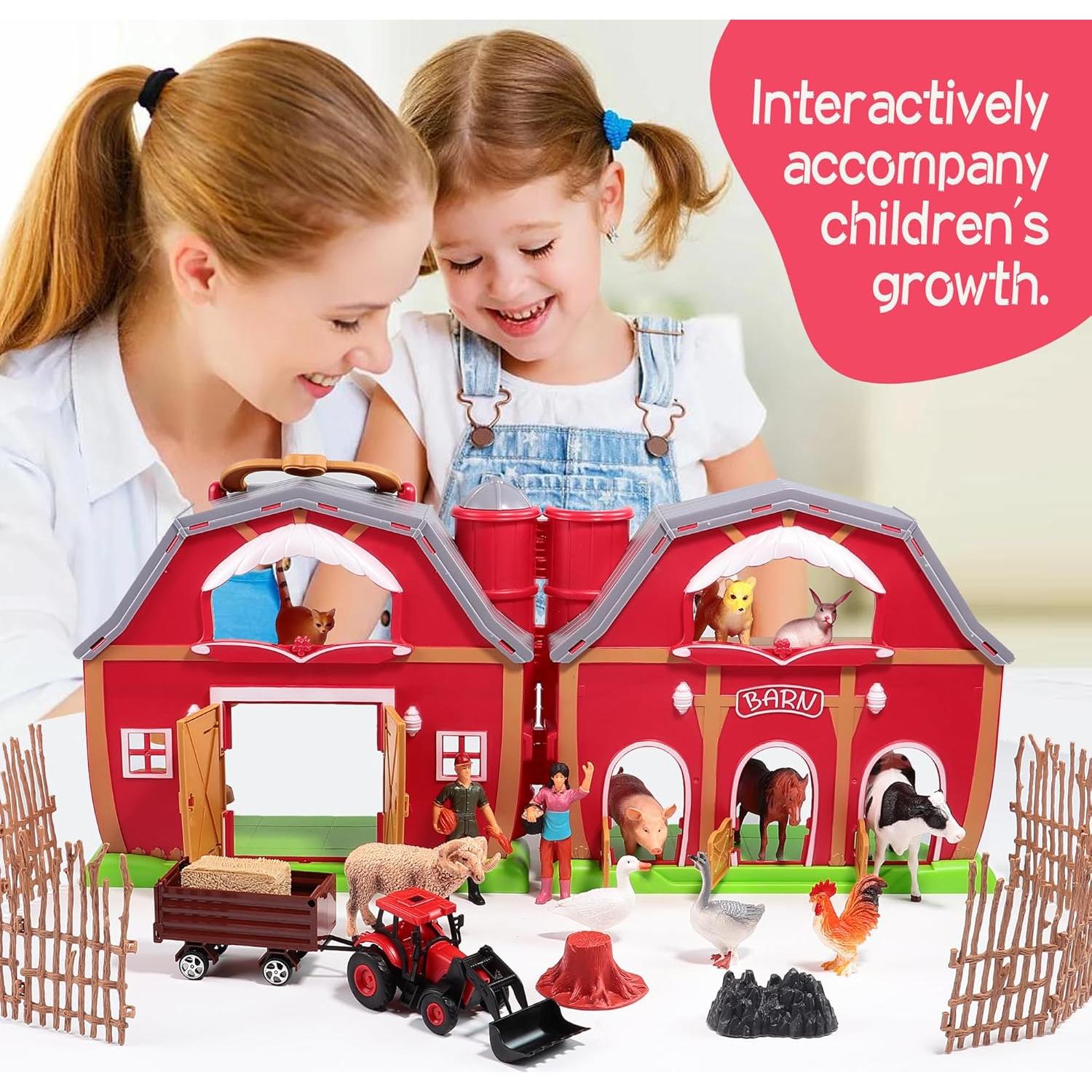 Red Barn Farm Animals Toys, 28PCS Animals Figures and Farm Tractor Playset, Educational Learning Toys for Toddlers and Kids 3 4 5 Year Old Boys and Girls Birthday Festival Gift