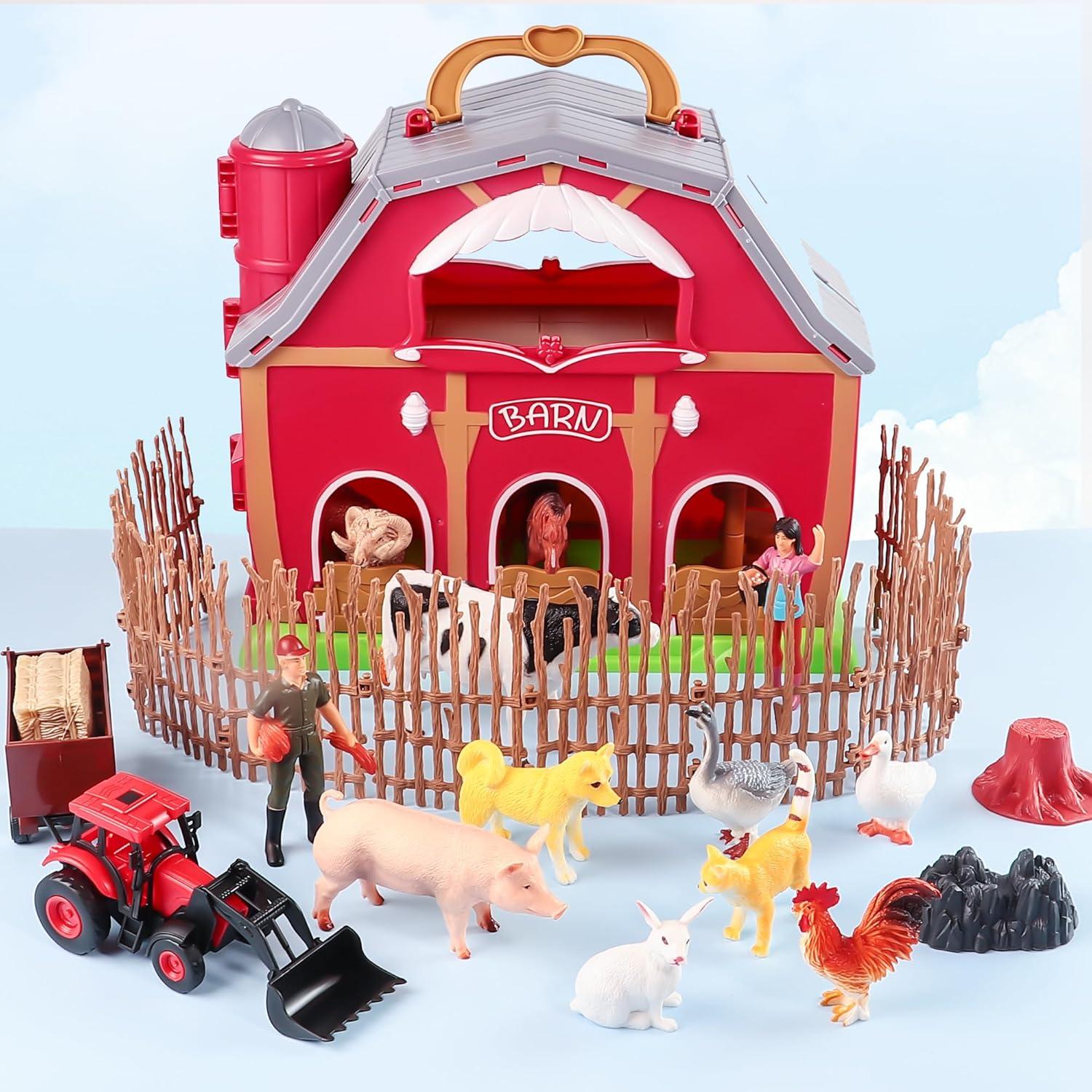 Red Barn Farm Animals Toys, 28PCS Animals Figures and Farm Tractor Playset, Educational Learning Toys for Toddlers and Kids 3 4 5 Year Old Boys and Girls Birthday Festival Gift