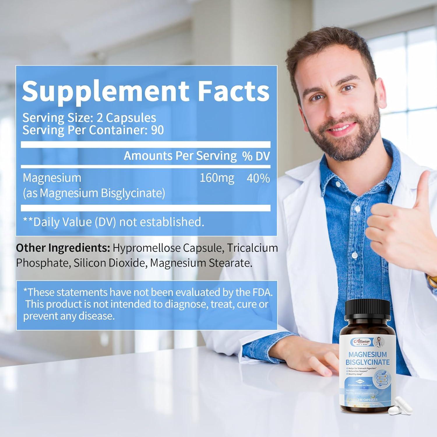 Bisglicinato de Magnesio Alliwise 180 Cápsulas Alta Absorción