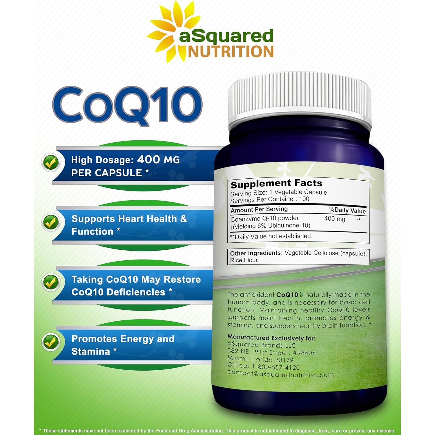 Suplemento CoQ10 aSquared Nutrition 400mg 100 Cápsulas Veganas
