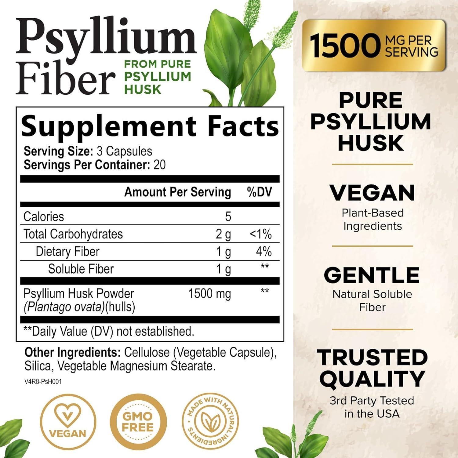 Suplemento de fibra de cáscara de psyllium 1500mg - Nature's Nutrition - 60 cápsulas