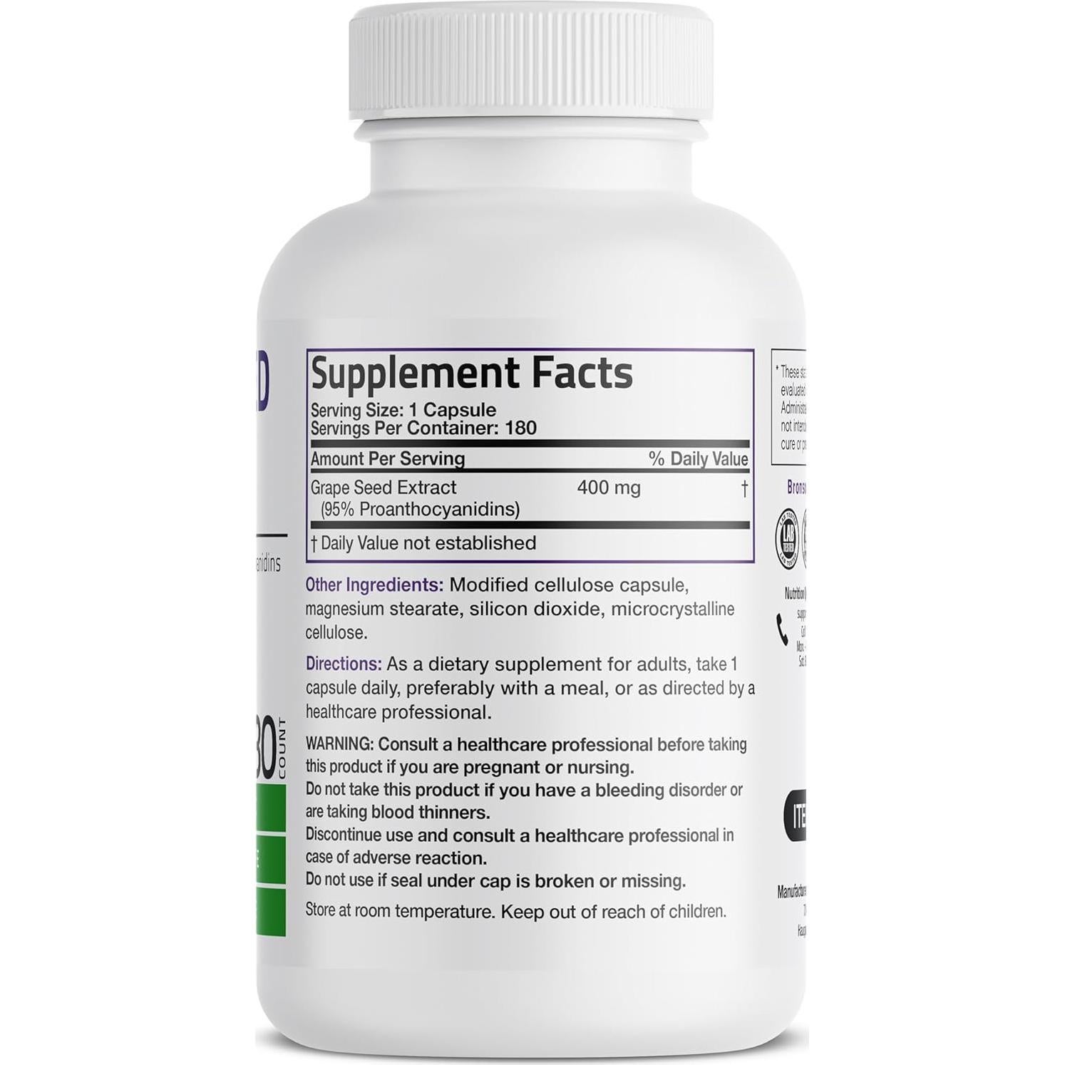 Extracto de Semilla de Uva Bronson 400 mg - 180 Cápsulas Vegetarianas