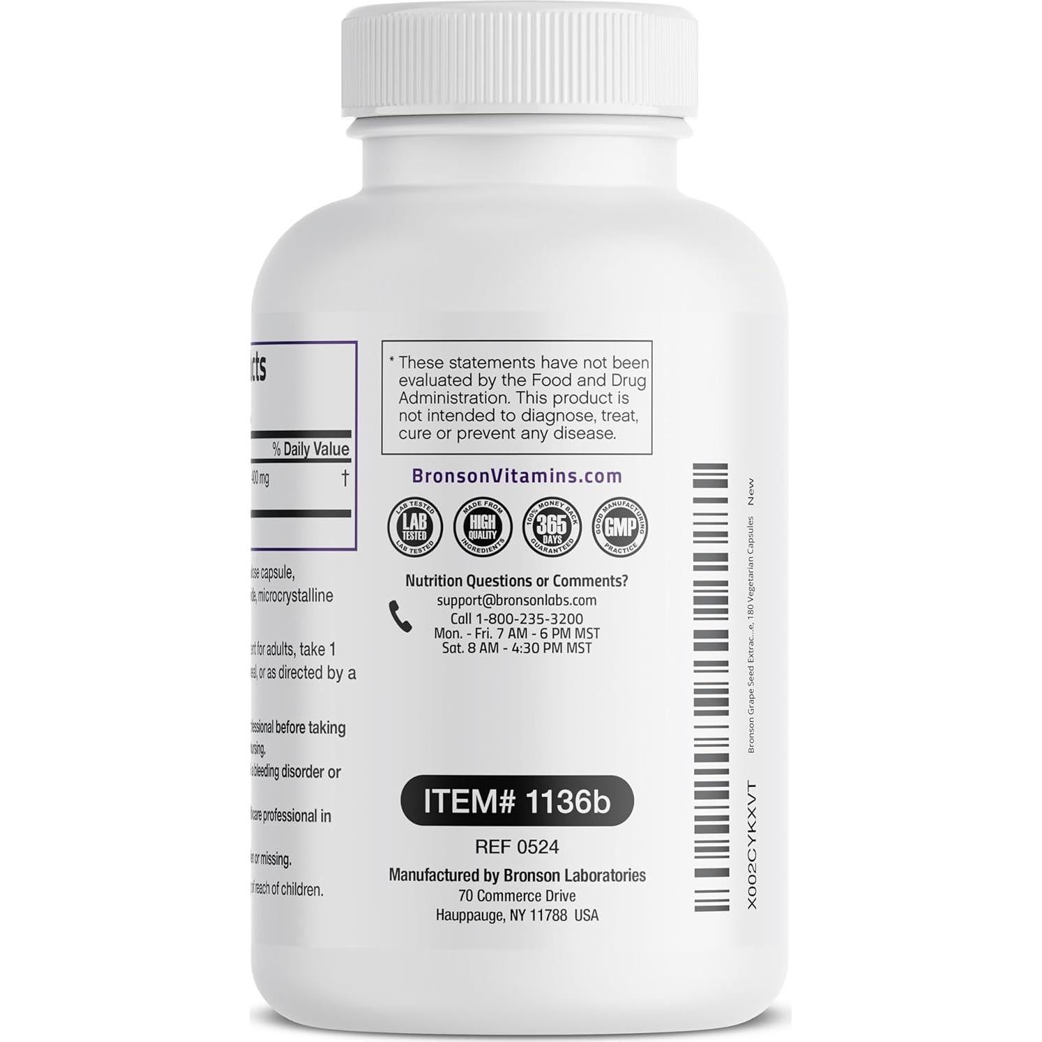 Extracto de Semilla de Uva Bronson 400 mg - 180 Cápsulas Vegetarianas