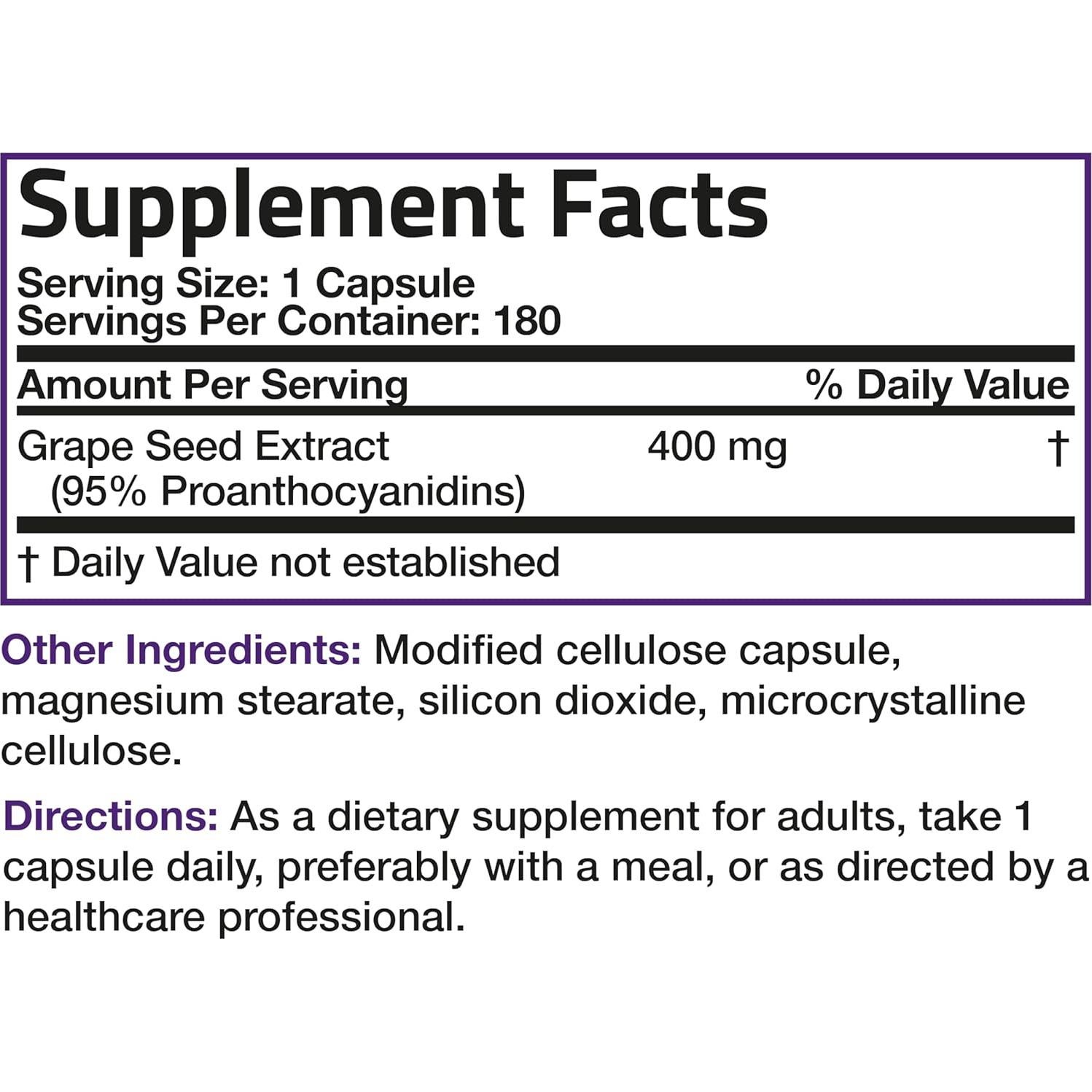 Extracto de Semilla de Uva Bronson 400 mg - 180 Cápsulas Vegetarianas