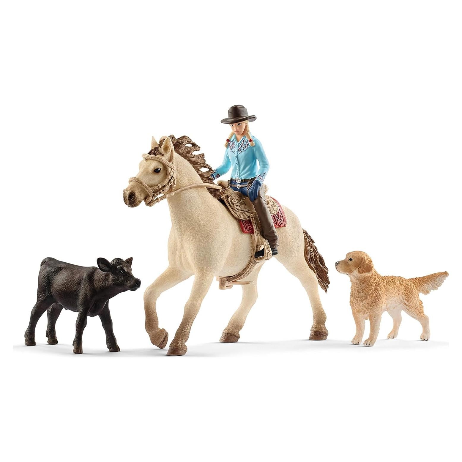 Farm World Rodeo Riding Playset - Cowgirl Rodeo Rider Figurine with Horse, Cow and Dog, Realistic Western Rodeo Farm Animal Toys and Accessories, 6-Piece Kids Toy for Boys and Girls