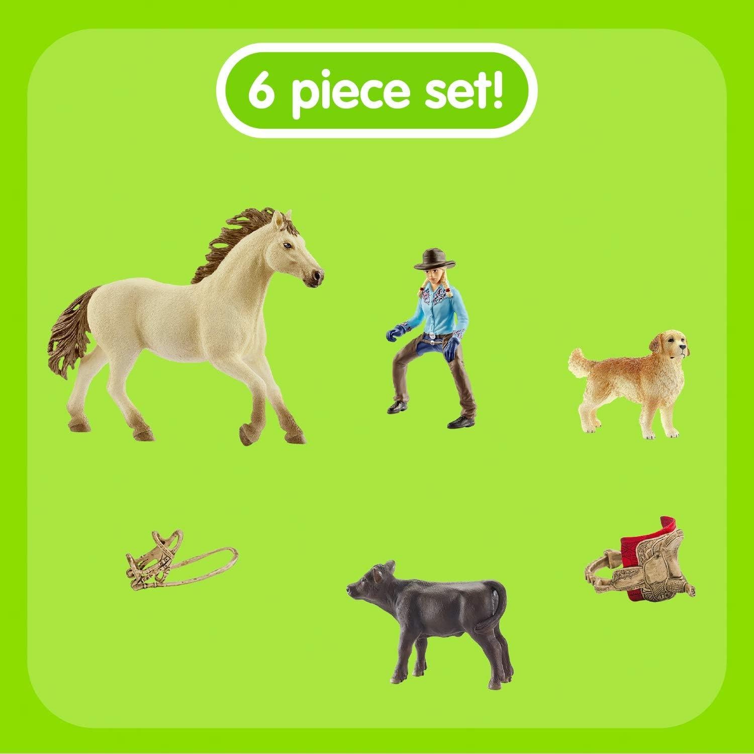 Farm World Rodeo Riding Playset - Cowgirl Rodeo Rider Figurine with Horse, Cow and Dog, Realistic Western Rodeo Farm Animal Toys and Accessories, 6-Piece Kids Toy for Boys and Girls