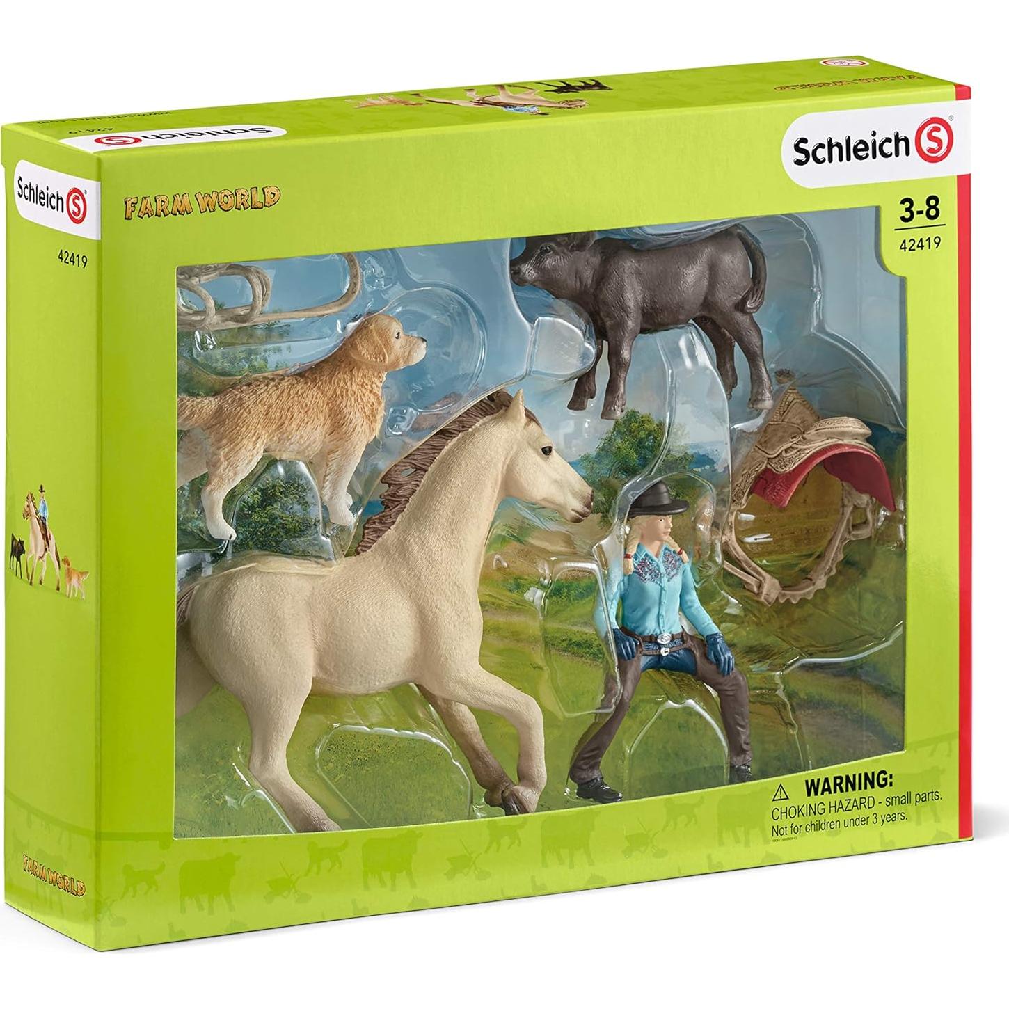 Farm World Rodeo Riding Playset - Cowgirl Rodeo Rider Figurine with Horse, Cow and Dog, Realistic Western Rodeo Farm Animal Toys and Accessories, 6-Piece Kids Toy for Boys and Girls