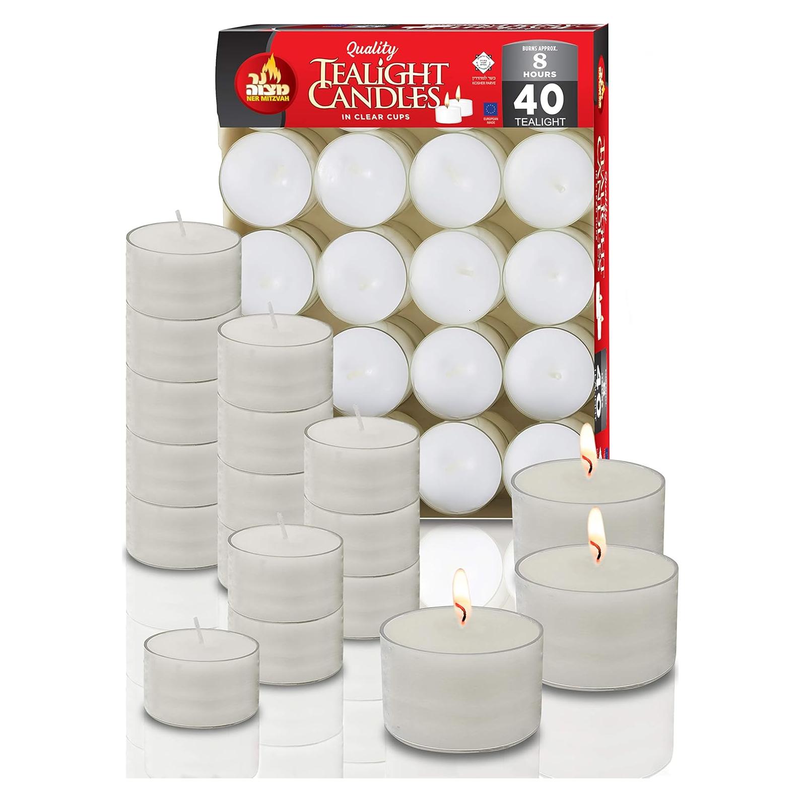 Velas de té Ner Mitzvah blancas 8 horas - Paquete de 40