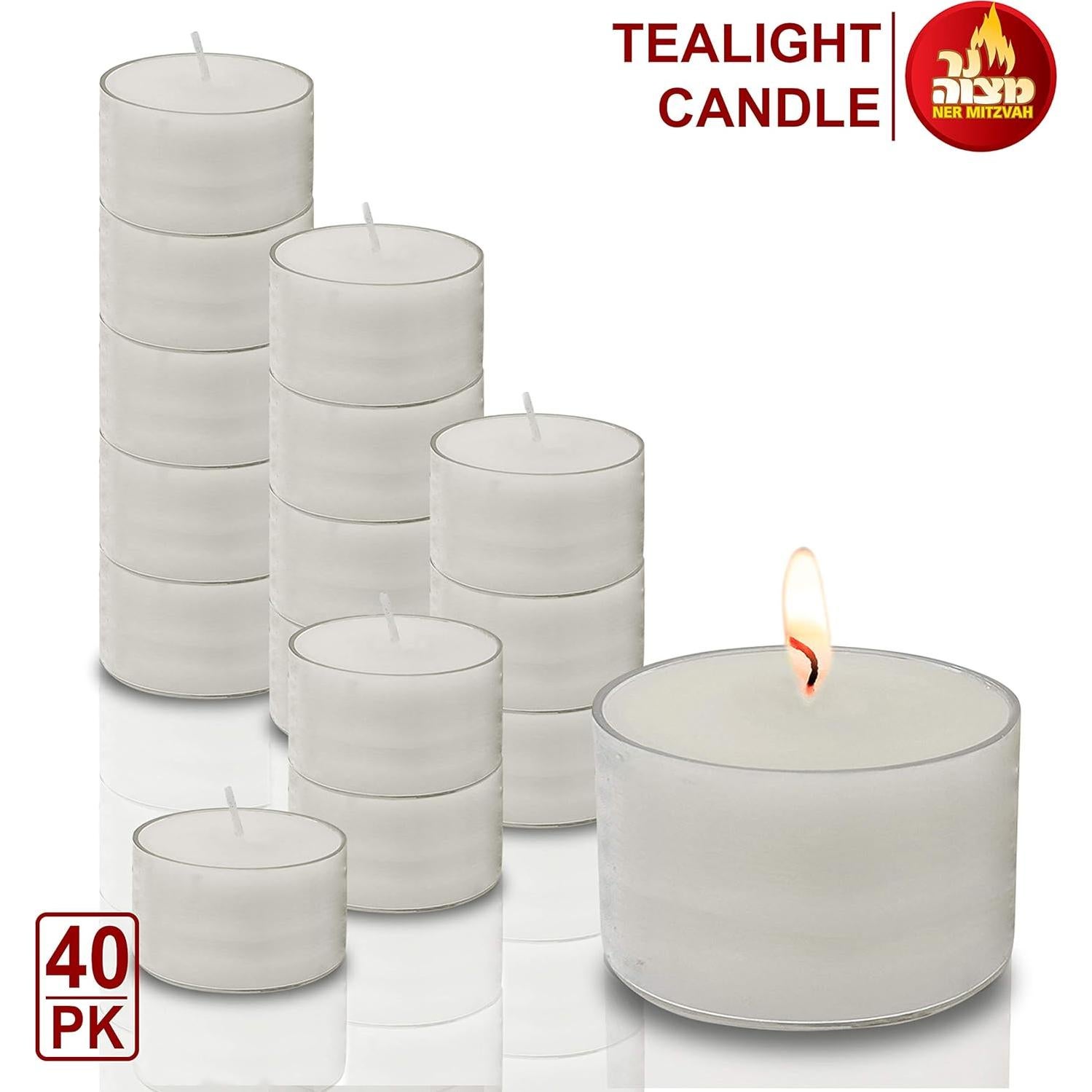 Velas de té Ner Mitzvah blancas 8 horas - Paquete de 40