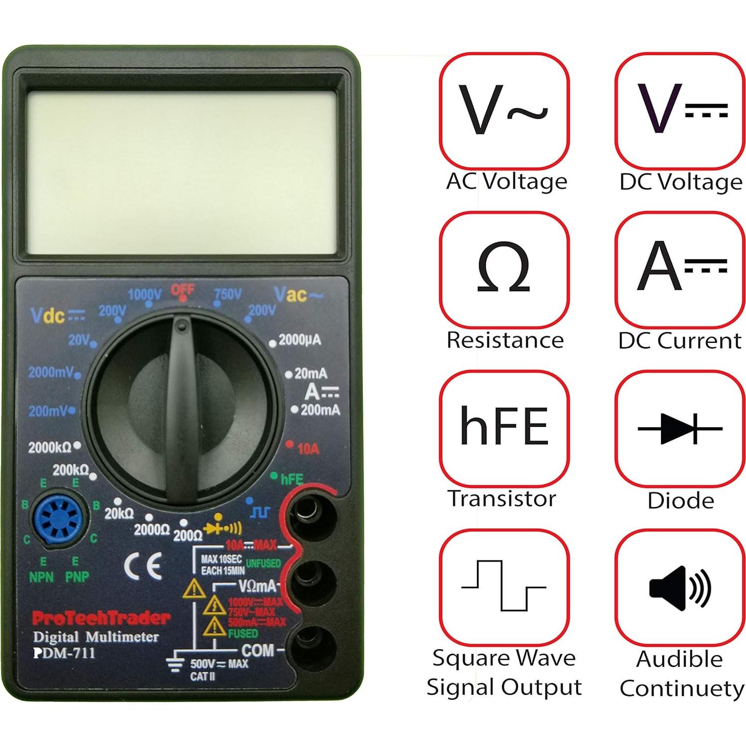 Multímetro Digital ProTechTrader PDM711 Pantalla Grande 10A