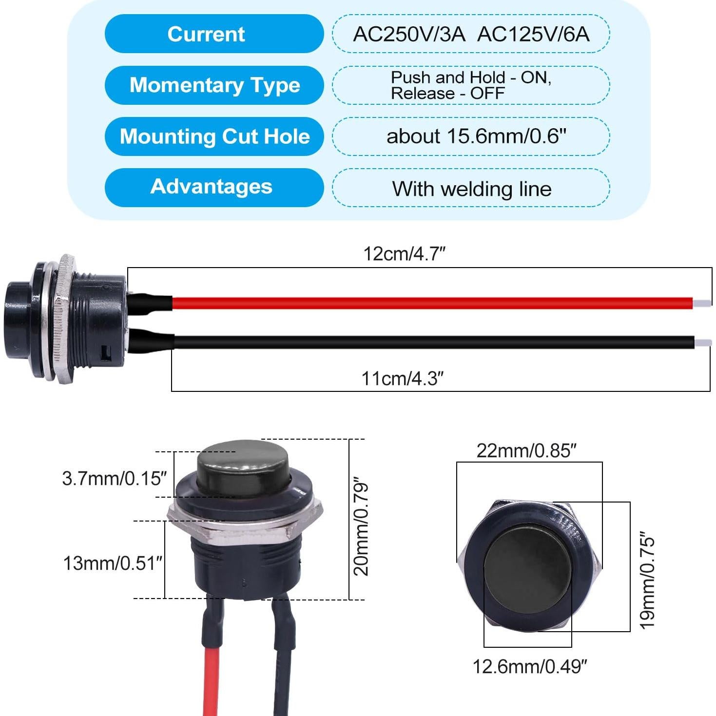 Interruptor de Botón Momentáneo Twidec 6 Pcs Negro Pre-cableado