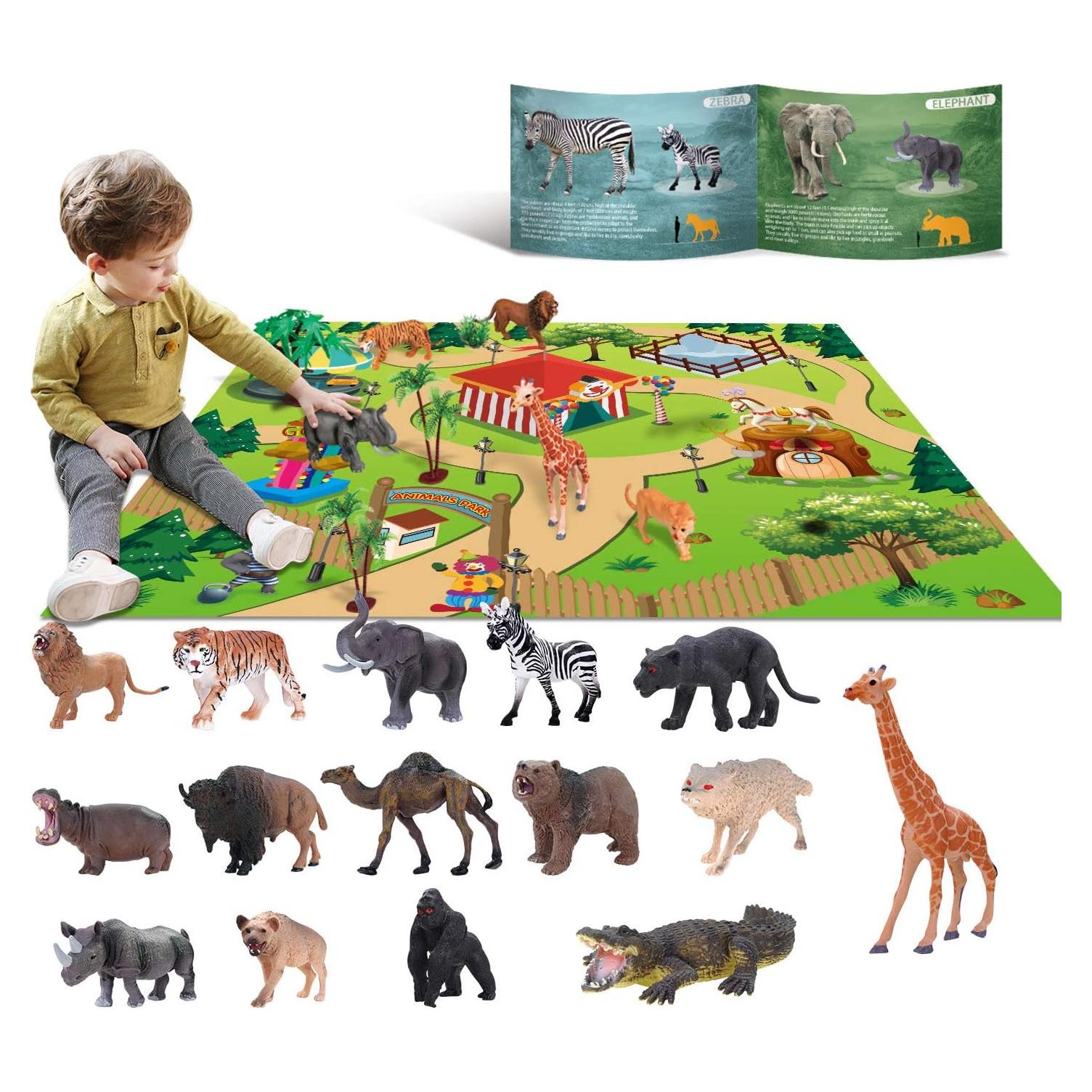 15 Animal Toys for Boys Realistic Safari Animals Farm Zoo Educational Toy Gift with Play Mat for 2 3 4 5 6 7 Year Old Girls Toddlers Kids