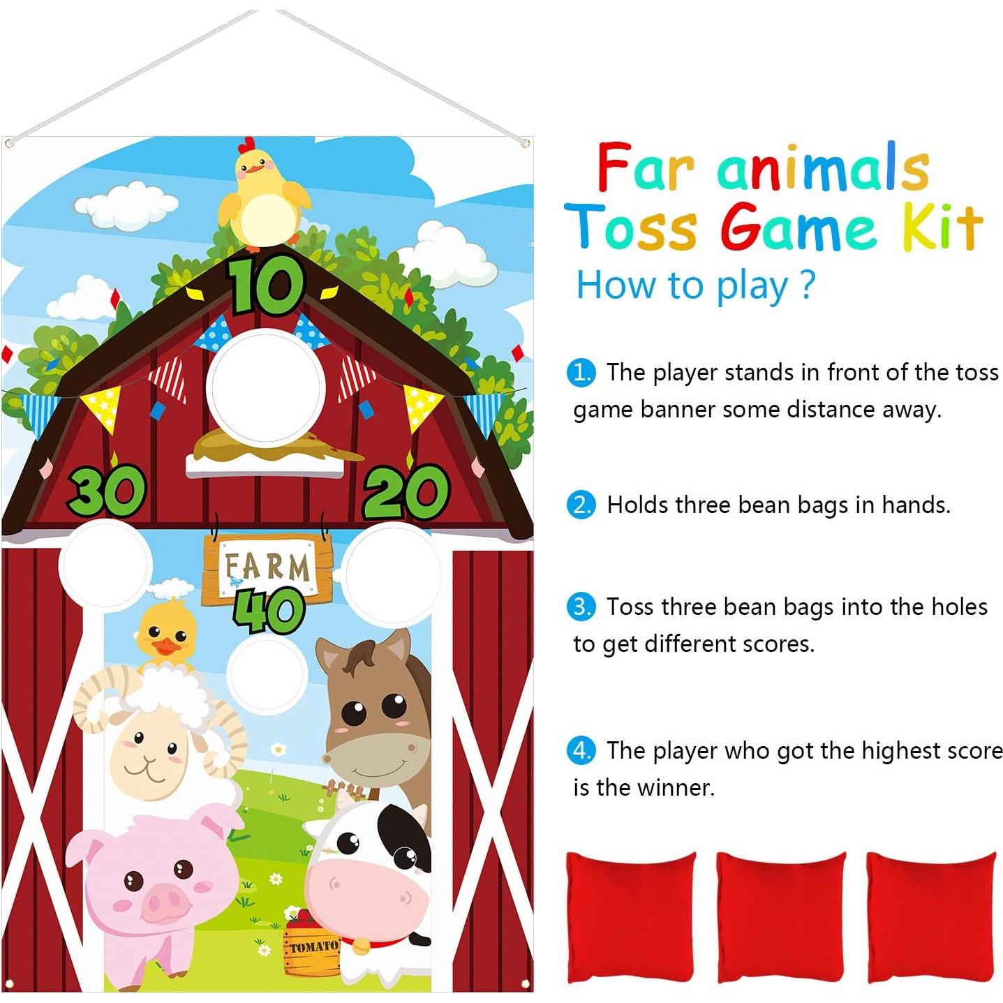 Farm Animals Toss Game with 3 Nylon Bean Bags, Indoor and Outdoor Farm Animals Party Game for Kids and Adults, Farmer Theme Birthday Party Decorations and Supplies