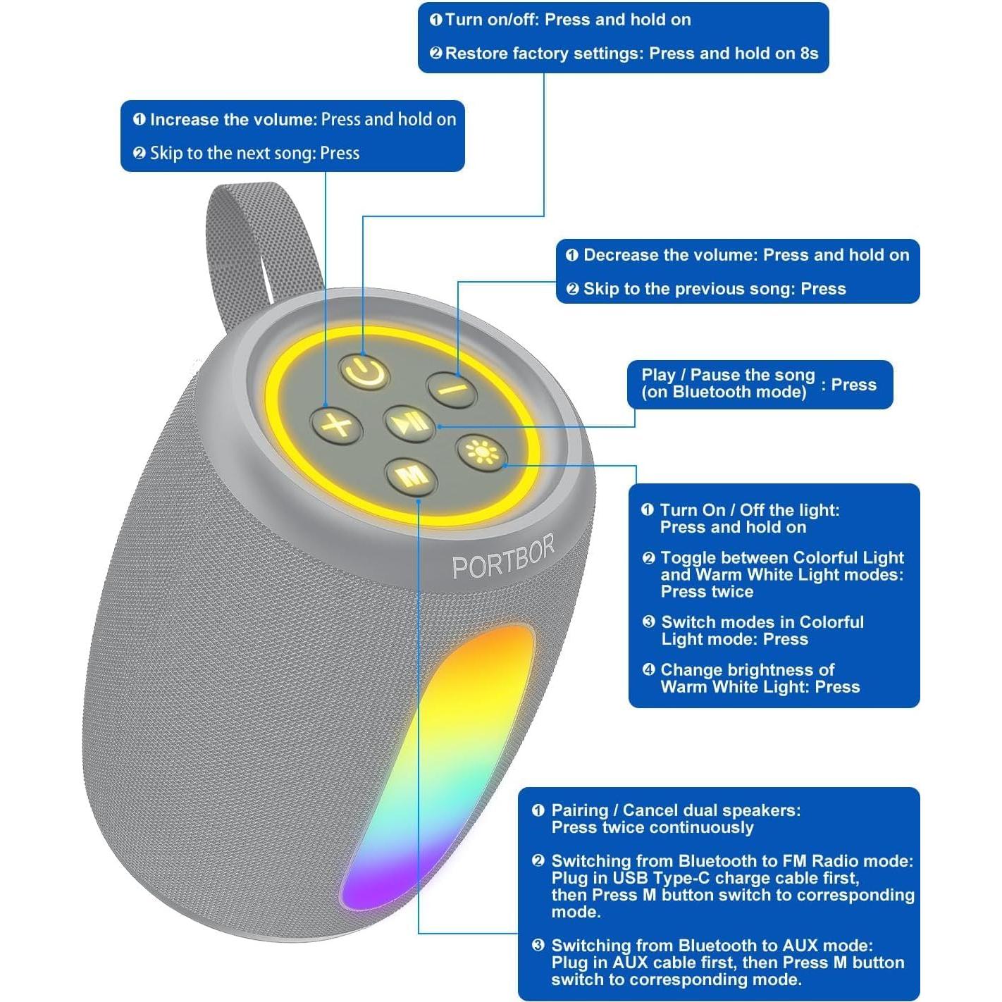 Altavoz Bluetooth PORTBOR Inalámbrico 15H IPX5 Gris