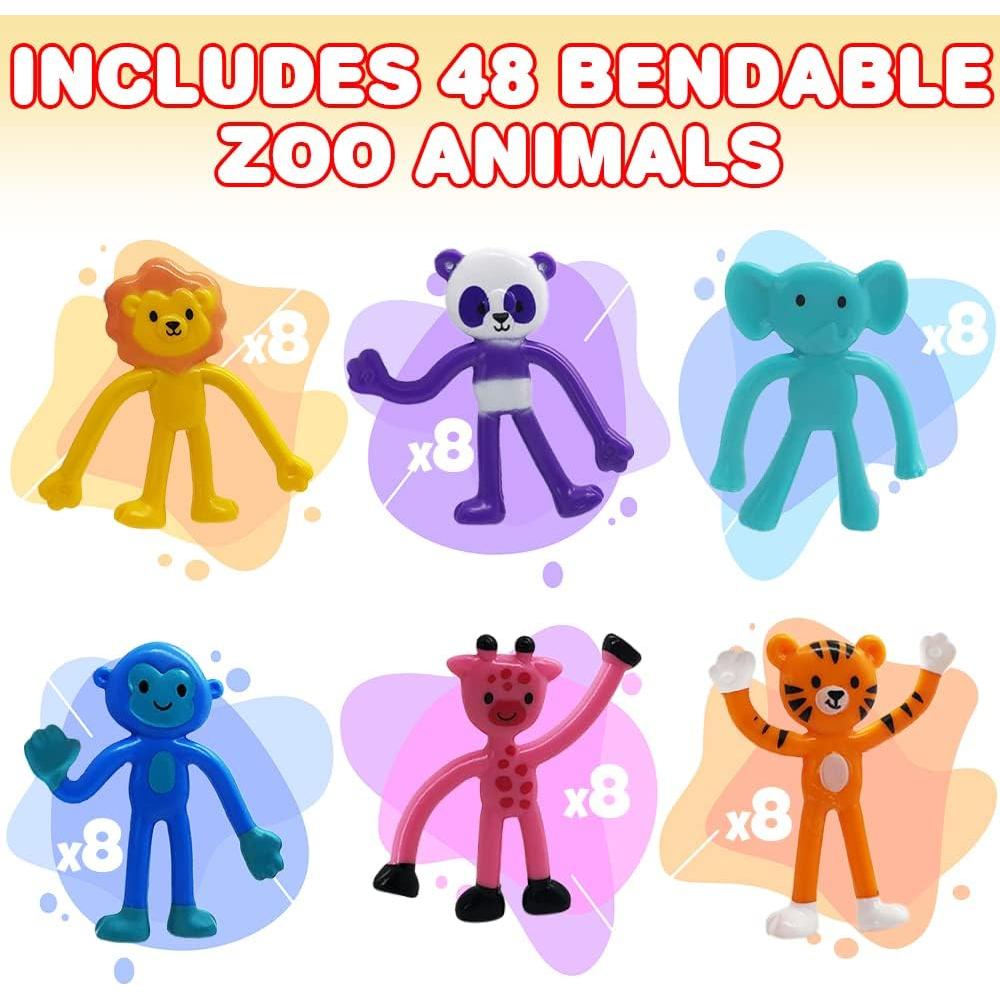 ArtCreativity Animal Bendable Figures, Set of 48, Stress Relief Bendy Toys for Kids in Panda, Tiger, Giraffe, Monkey, Elephant and Lion Designs, Bendable Toys, Zoo Animal Party Favors